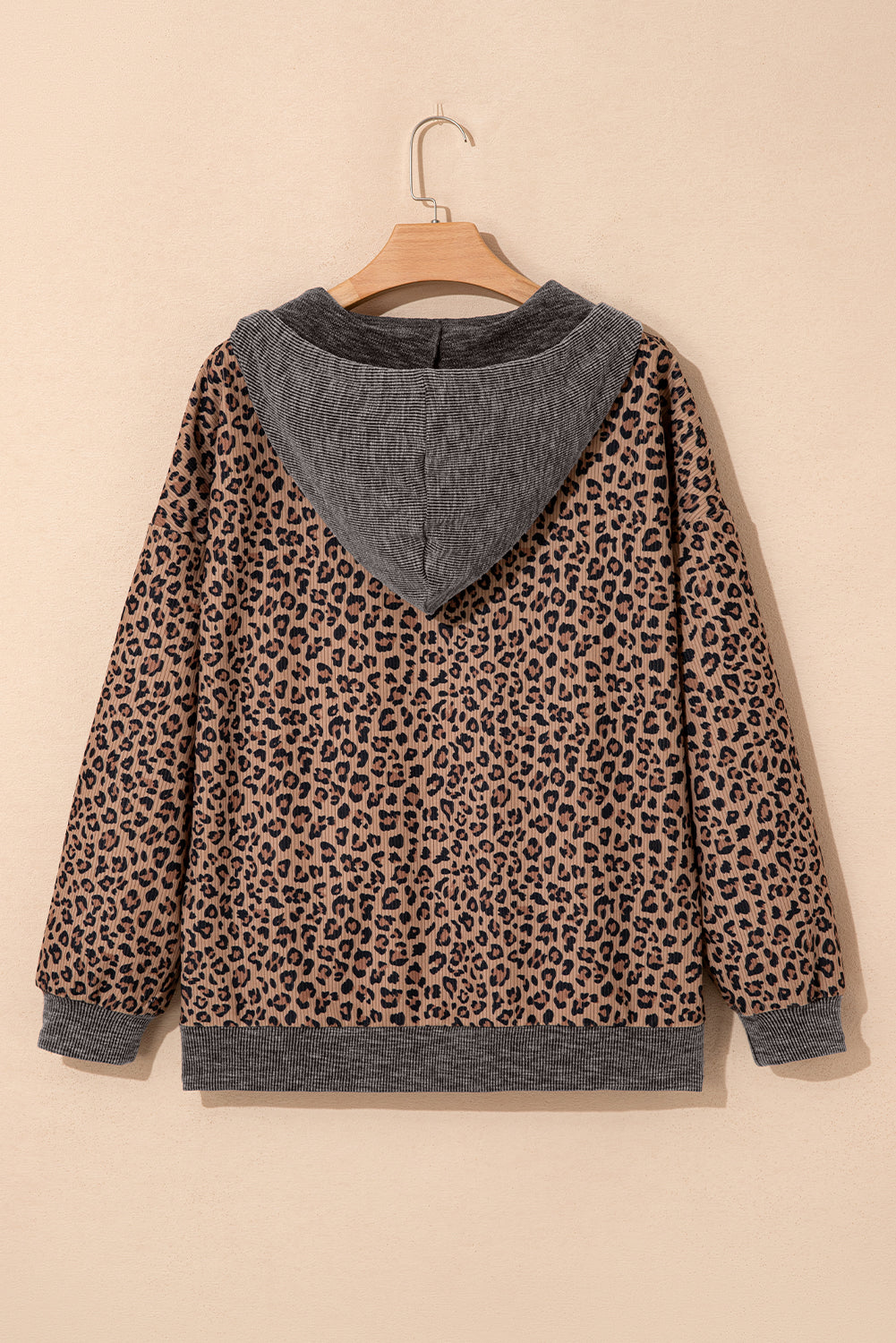 Khaki Ribbed Leopard Print Contrast Collar Zip Hooded Pullover Sweatshirt-Tops / Dresses-[Adult]-[Female]-2022 Online Blue Zone Planet