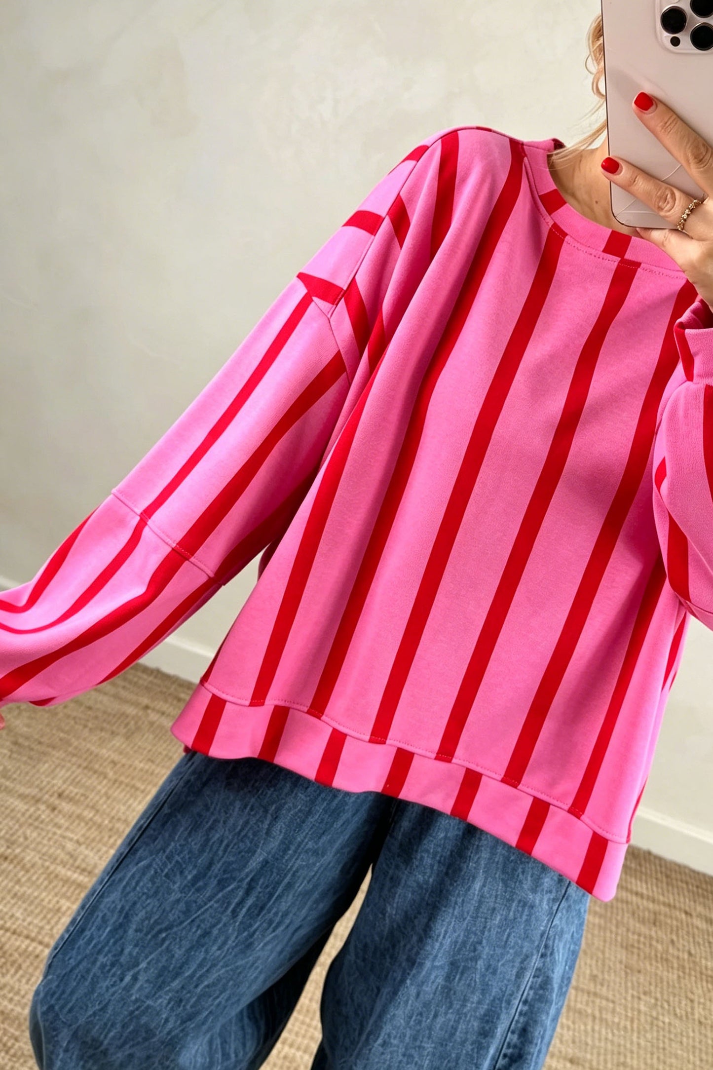 Pink Stripe Dropped Shoulder Round Neck Casual Sweatshirt-Tops/Sweatshirts & Hoodies-[Adult]-[Female]-Red Stripe-S-2022 Online Blue Zone Planet