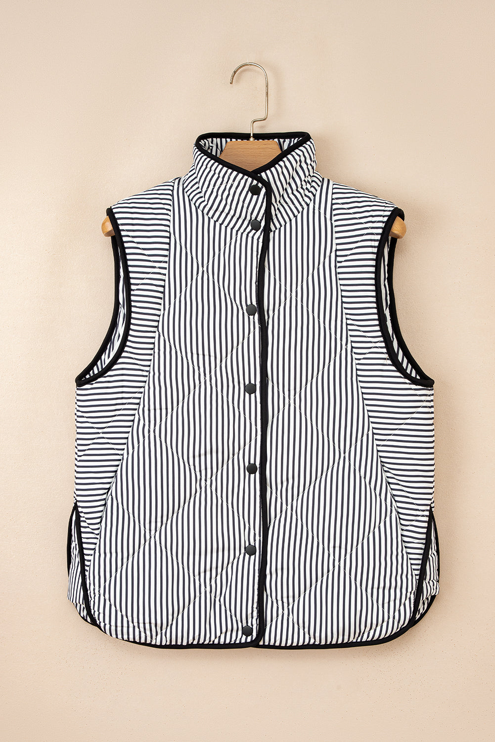 Black Stripe Contrast Trim Snap Button Collared Winter Vest-Outerwear/Vests-[Adult]-[Female]-2022 Online Blue Zone Planet