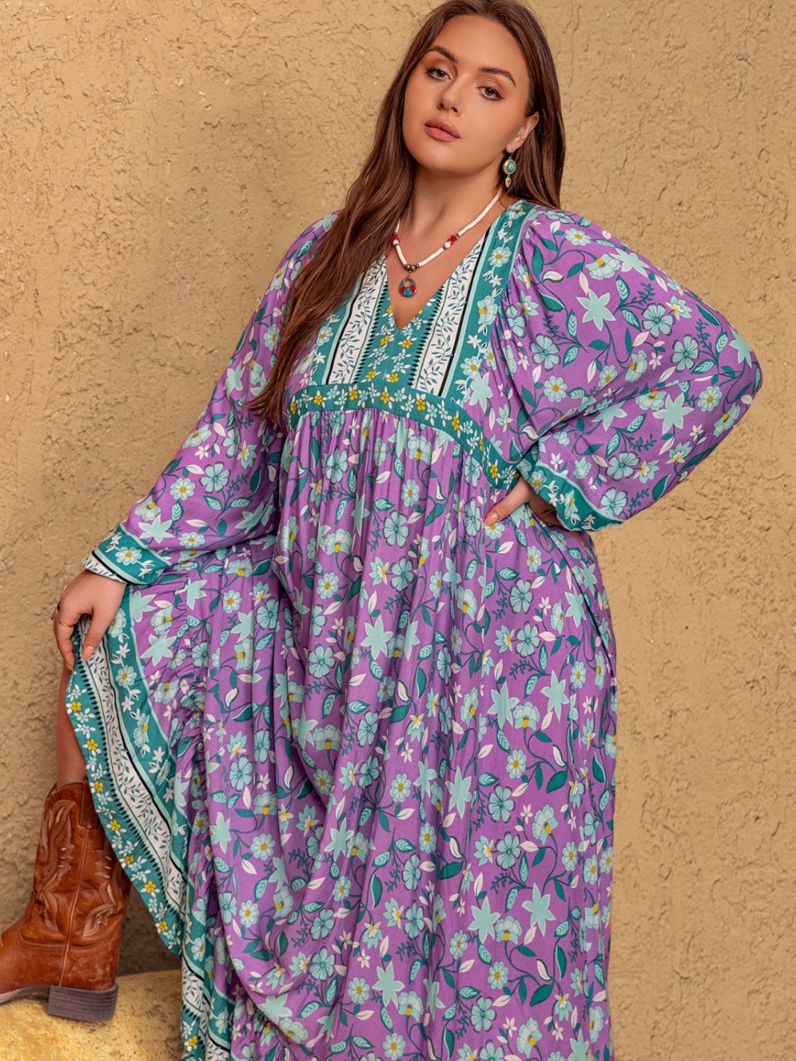 Blue Zone Planet | Plus Size Printed V-Neck Long Sleeve Maxi Dress-TOPS / DRESSES-[Adult]-[Female]-2022 Online Blue Zone Planet