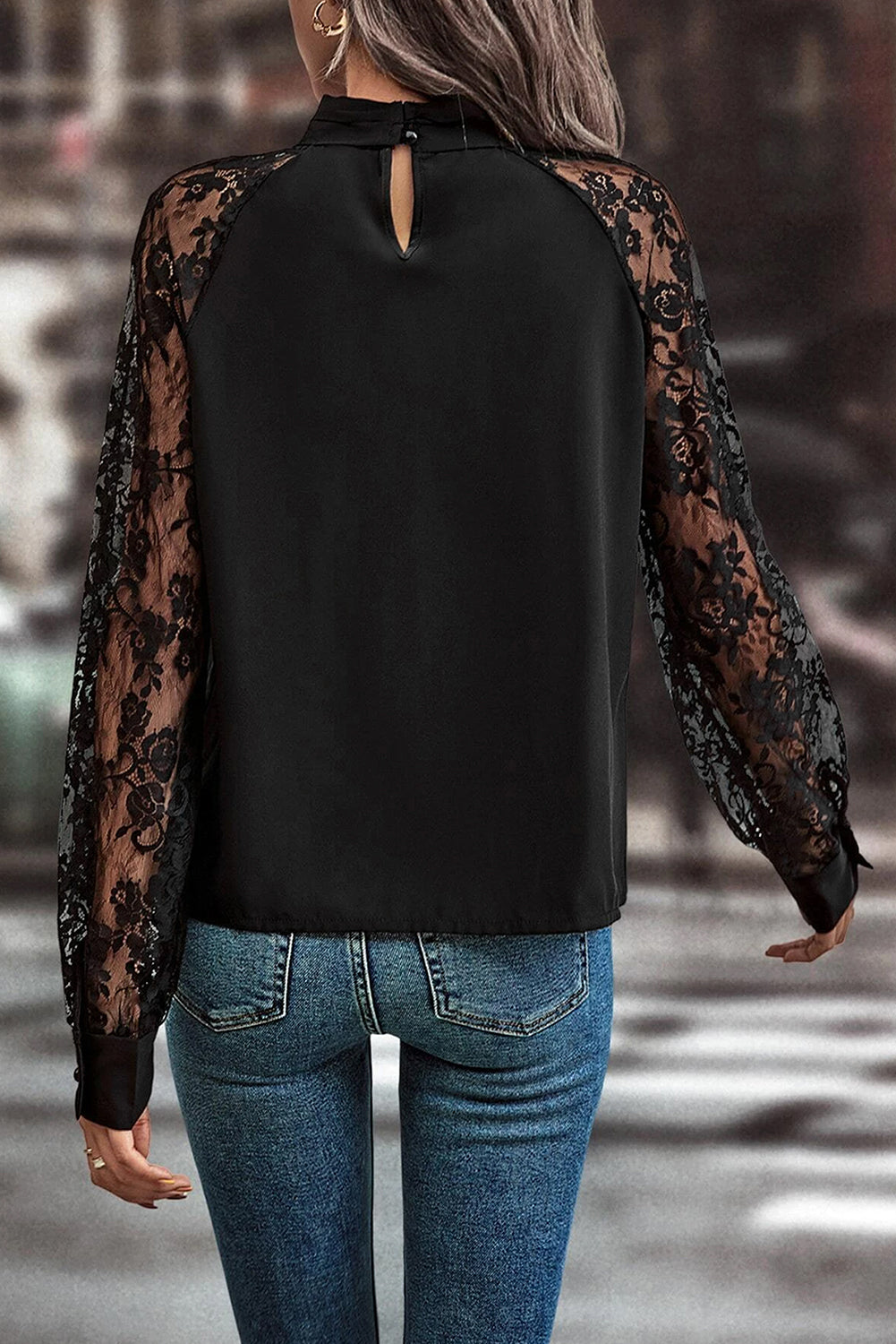 Black Keyhole Neckline Lace Splicing Raglan Sleeve Blouse-Blouses-[Adult]-[Female]-2022 Online Blue Zone Planet