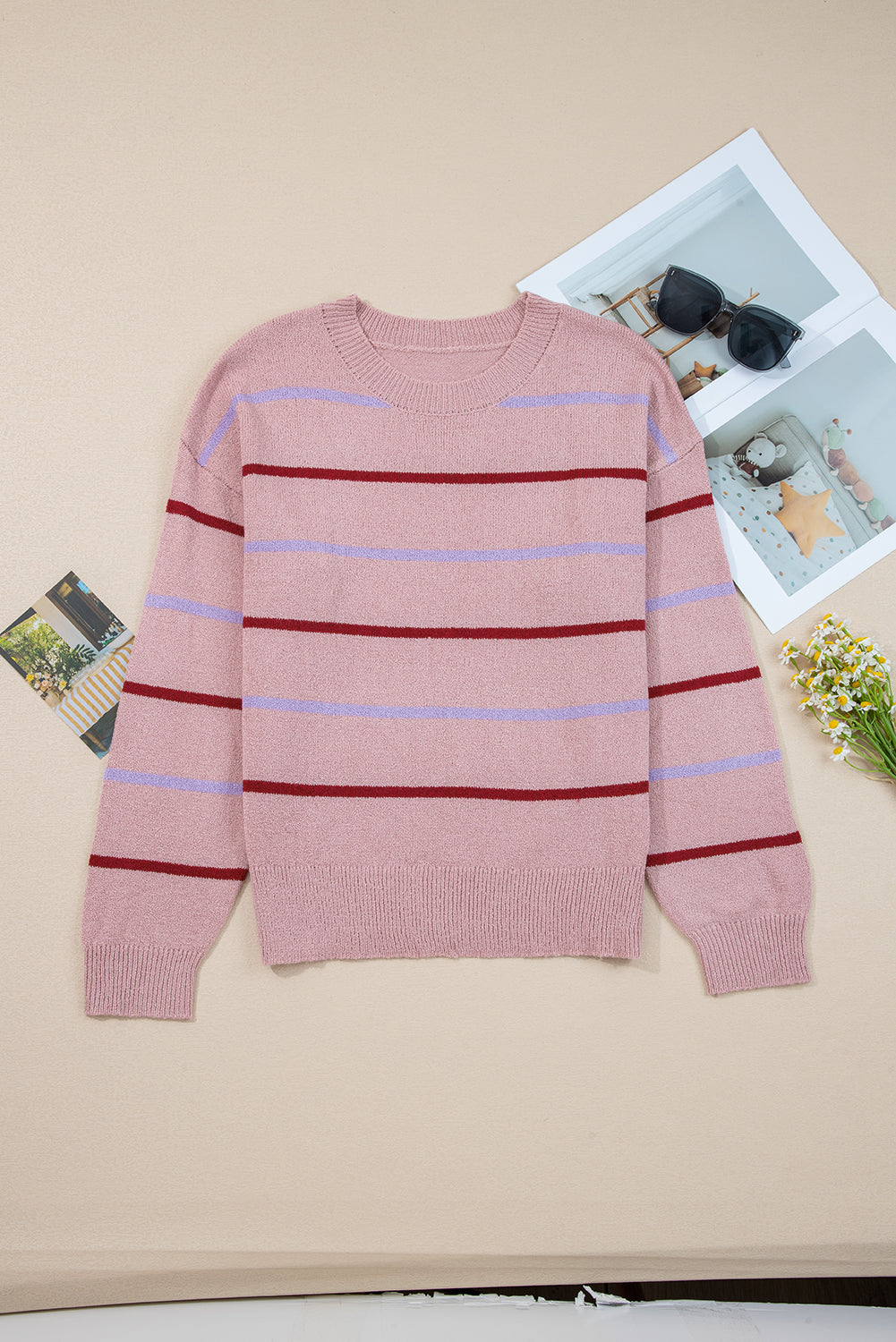 Pink Stripe Ribbed Edge Drop Shoulder Sweater-TOPS / DRESSES-[Adult]-[Female]-2022 Online Blue Zone Planet