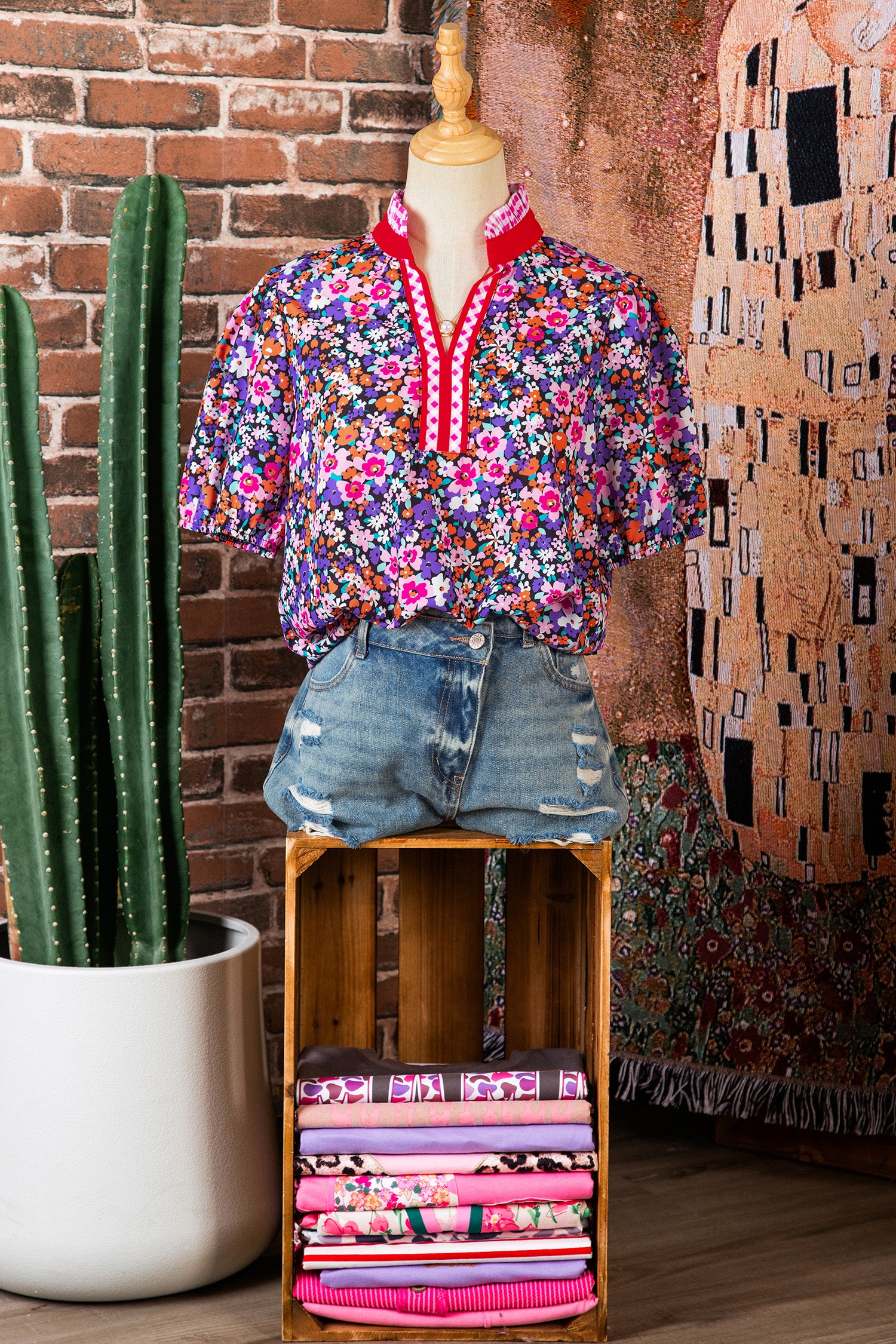 Purple Ditsy Floral Print Plaid Colorblock Trim V Neck Blouse-Tops/Blouses & Shirts-[Adult]-[Female]-2022 Online Blue Zone Planet