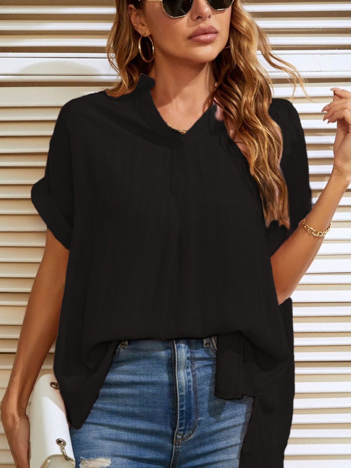 Mandy Side Slit Notched Short Sleeve Blouse-TOPS / DRESSES-[Adult]-[Female]-Black-S-2022 Online Blue Zone Planet