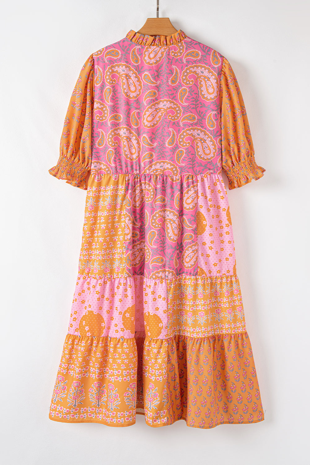 Pink Boho Paisley Floral Mixed Patchwork Tassel Tie Plus Size Midi Dress-Plus Size/Plus Size Dresses/Plus Size Maxi Dresses-[Adult]-[Female]-2022 Online Blue Zone Planet