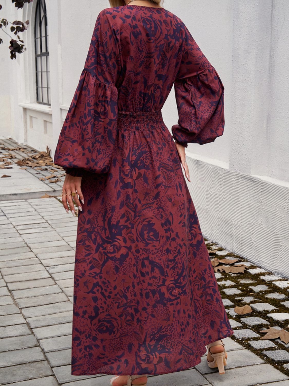 midi dress wine Split Printed Surplice Long Sleeve Midi Dress Scarlet / L