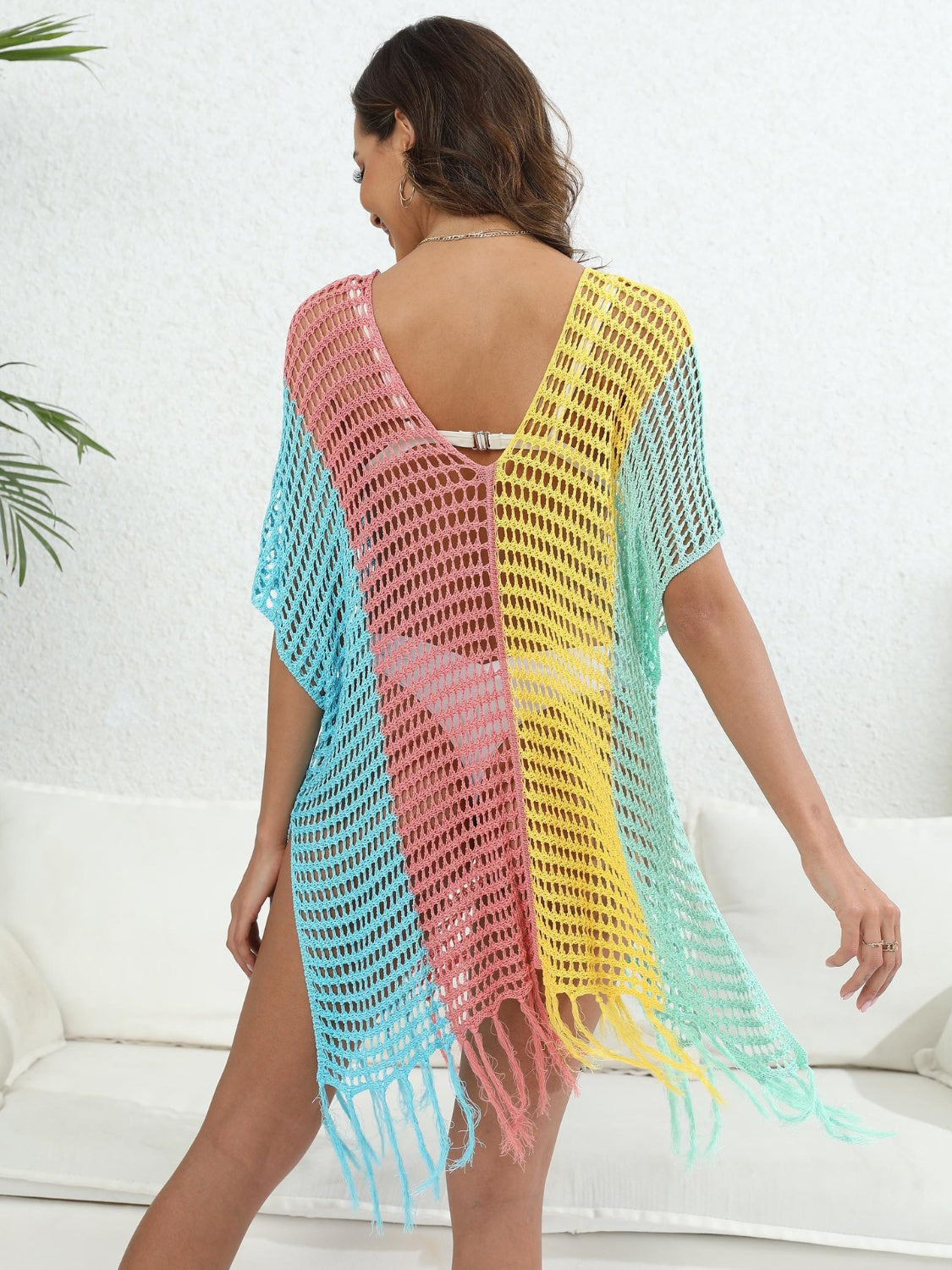 Blue Zone Planet | Fringe Color Block Scoop Neck Cover Up-TOPS / DRESSES-[Adult]-[Female]-2022 Online Blue Zone Planet