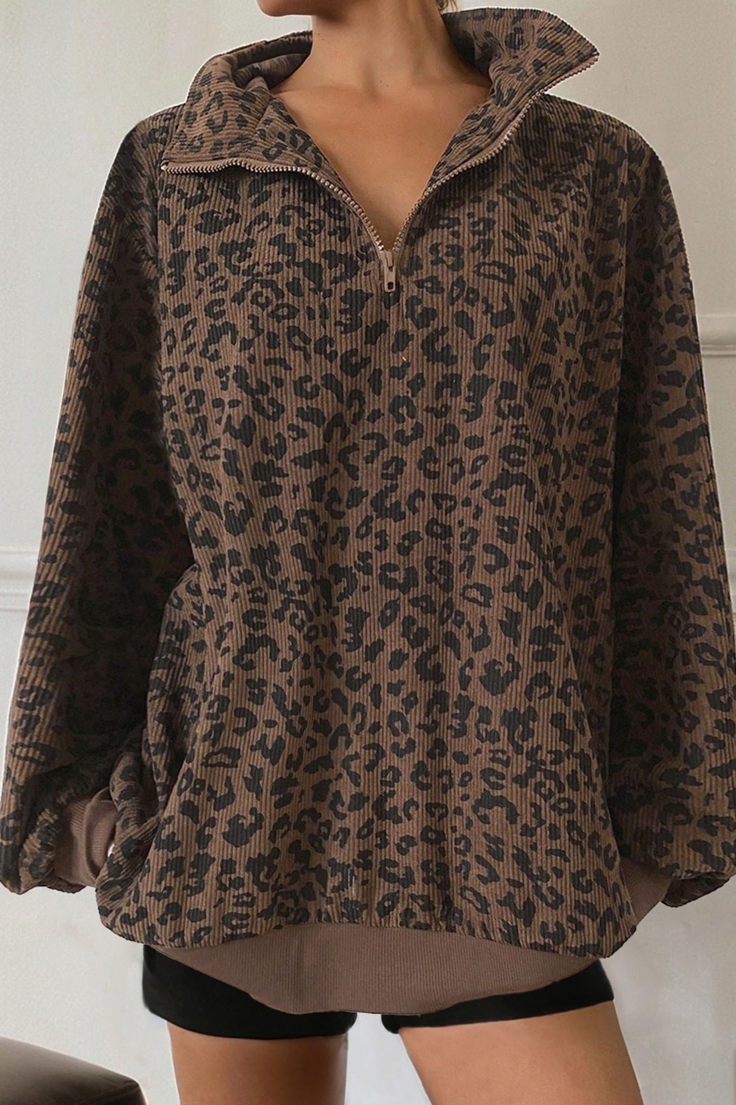 Brown Leopard Print Quarter Zip Corduroy Sweatshirt-Tops/Sweatshirts & Hoodies-[Adult]-[Female]-2022 Online Blue Zone Planet