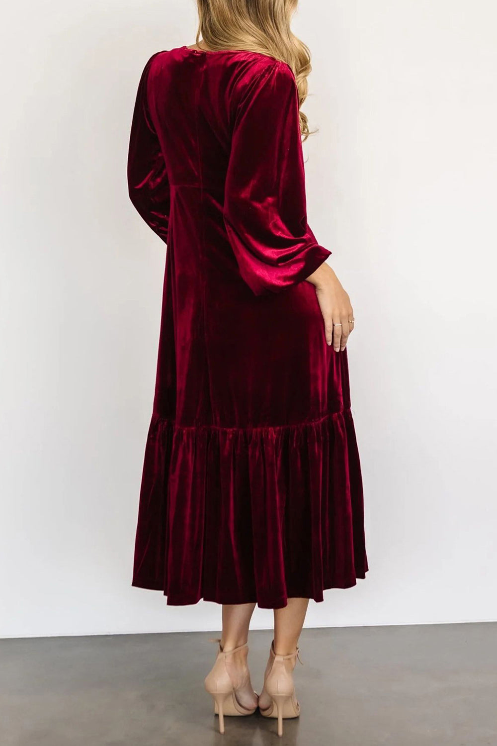 V-Neck Long Sleeve Midi Velvet Dress-TOPS / DRESSES-[Adult]-[Female]-2022 Online Blue Zone Planet