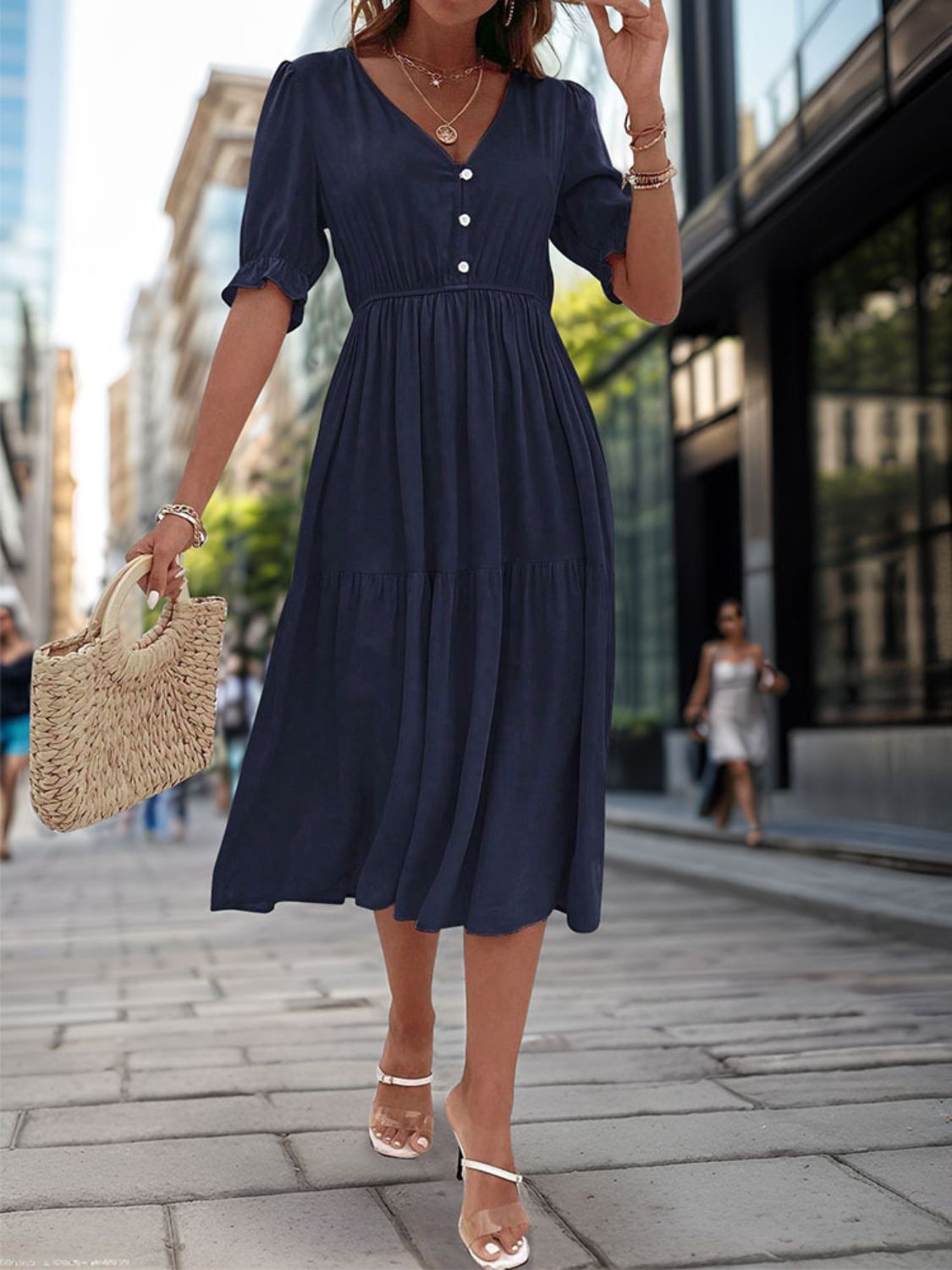 Ruched V-Neck Half Sleeve Midi Dress-TOPS / DRESSES-[Adult]-[Female]-Dark Blue-S-2022 Online Blue Zone Planet