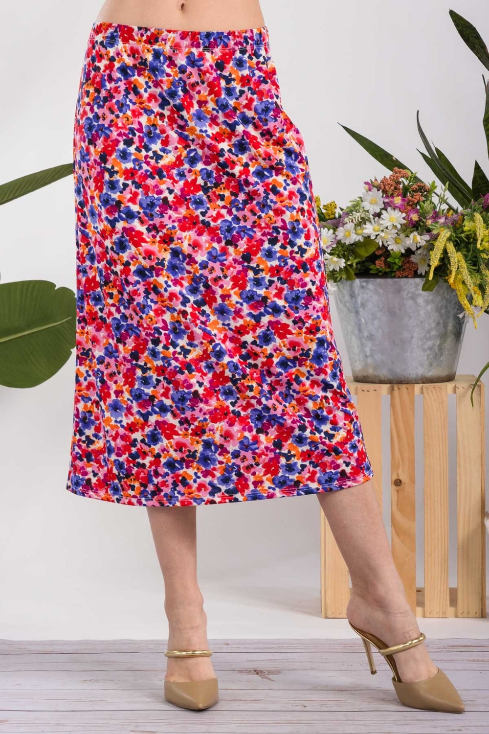 Celeste Full Size Floral A-Line Midi Skirt-BOTTOMS SIZES SMALL MEDIUM LARGE-[Adult]-[Female]-Fuchsia Floral-S-2022 Online Blue Zone Planet