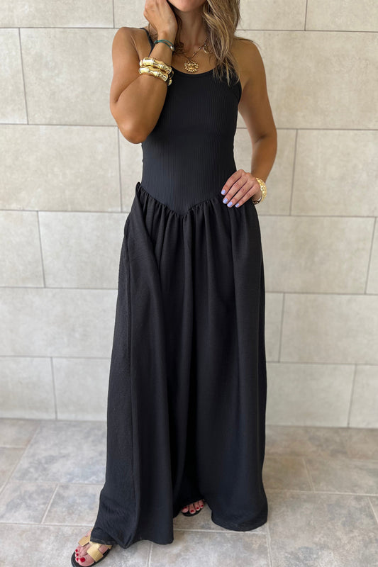 Black Spaghetti Straps Drop Waist Ribbed Patchwork Maxi Dress-Dresses/Maxi Dresses-[Adult]-[Female]-Black-S-2022 Online Blue Zone Planet