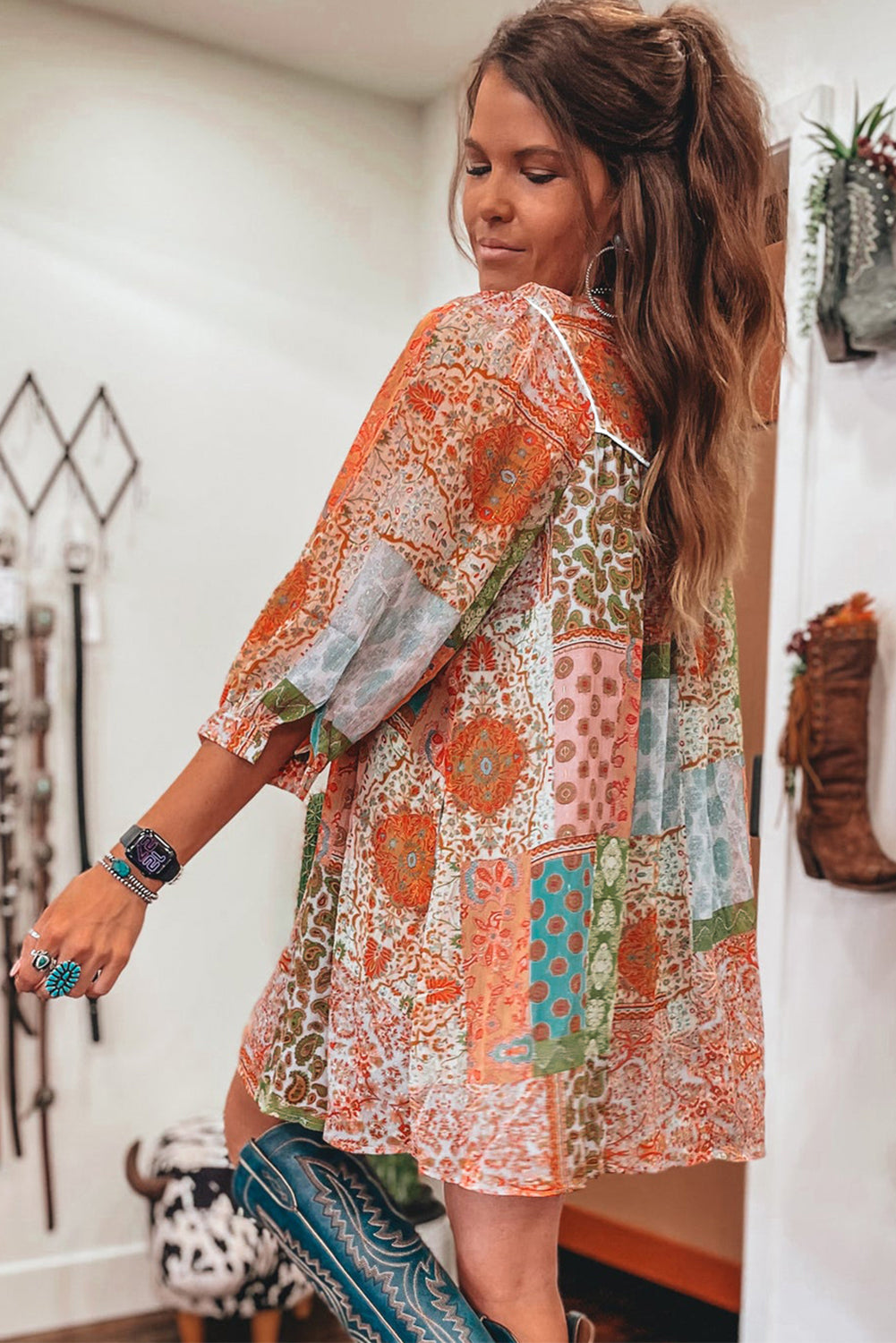 Orange Boho Paisley Mixed Print 3/4 Sleeve Chiffon Loose Dress-Dresses/Mini Dresses-[Adult]-[Female]-2022 Online Blue Zone Planet