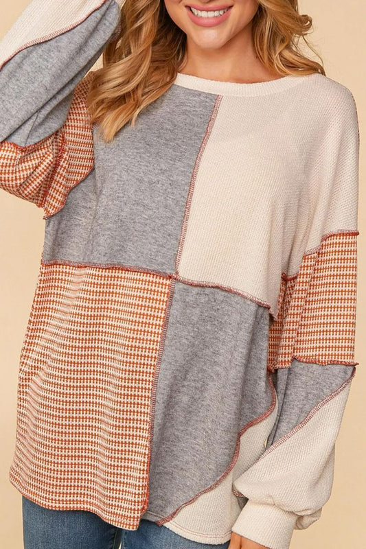 Exposed Seam Color Block Round Neck Top-TOPS / DRESSES-[Adult]-[Female]-Gray-S-2022 Online Blue Zone Planet