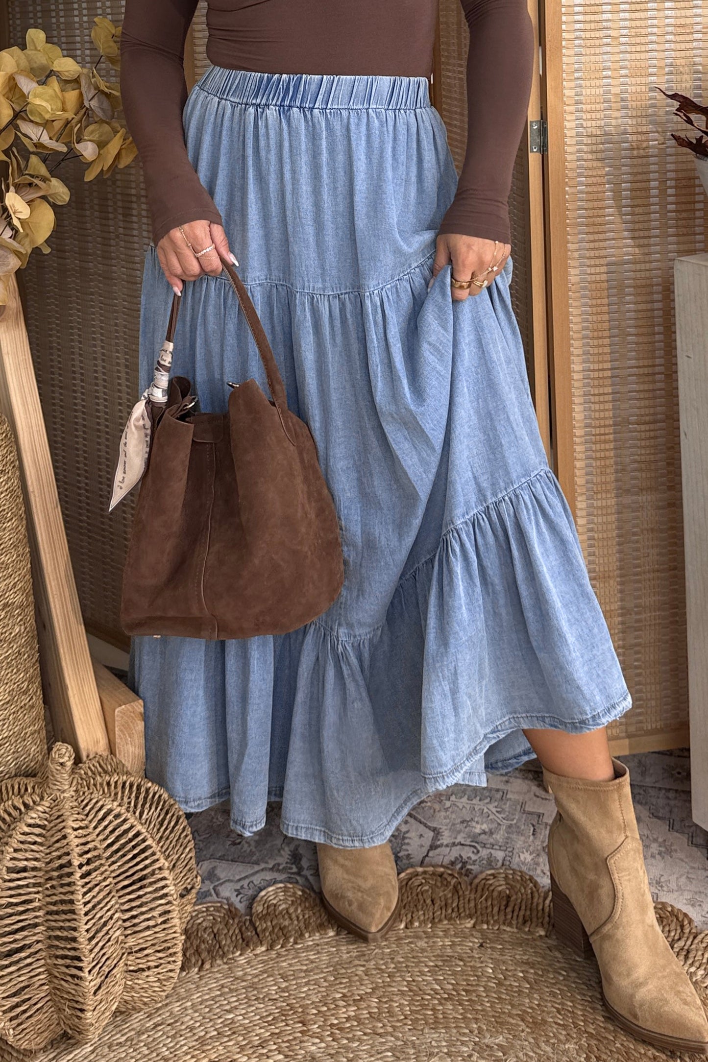 Beau Blue Elastic Waist Ruffled Tiered Flared Denim Maxi Skirt-Bottoms/Skirts & Petticoat-[Adult]-[Female]-2022 Online Blue Zone Planet