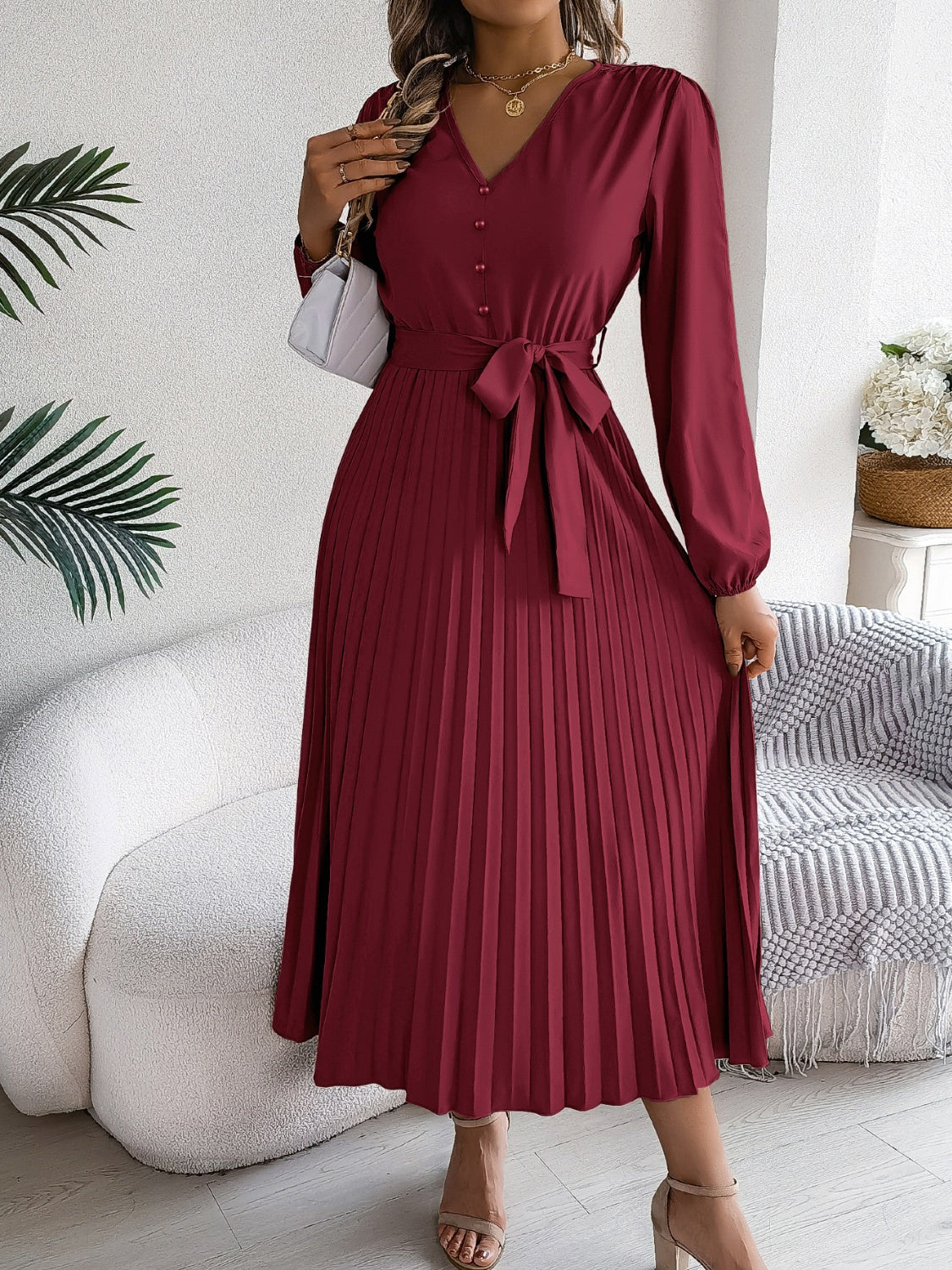 Pleated Tied V-Neck Long Sleeve Dress-TOPS / DRESSES-[Adult]-[Female]-2022 Online Blue Zone Planet