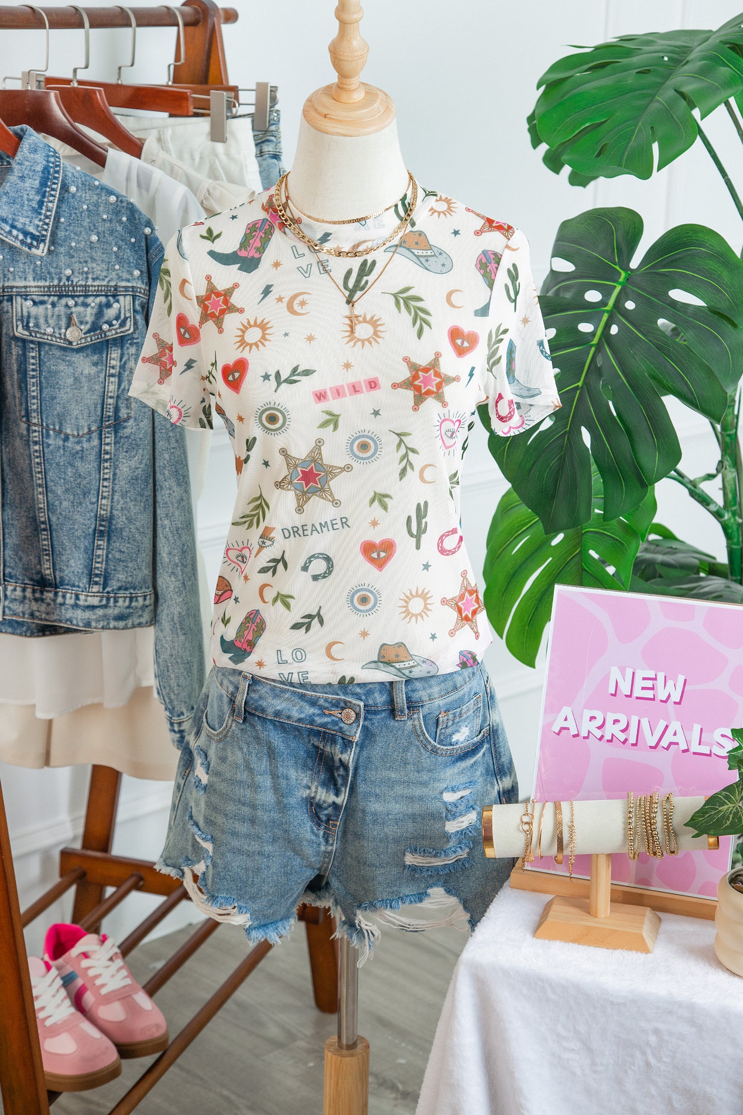 White Love Wild Dreamer Western Print Sheer Mesh Top-Tops/Tops & Tees-[Adult]-[Female]-2022 Online Blue Zone Planet