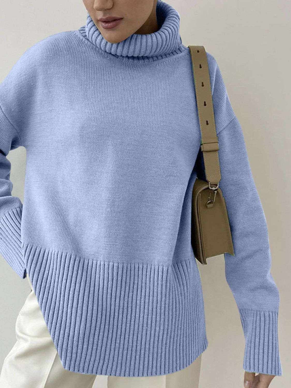 Side Slit Turtleneck Drop Shoulder Sweater-TOPS / DRESSES-[Adult]-[Female]-2022 Online Blue Zone Planet