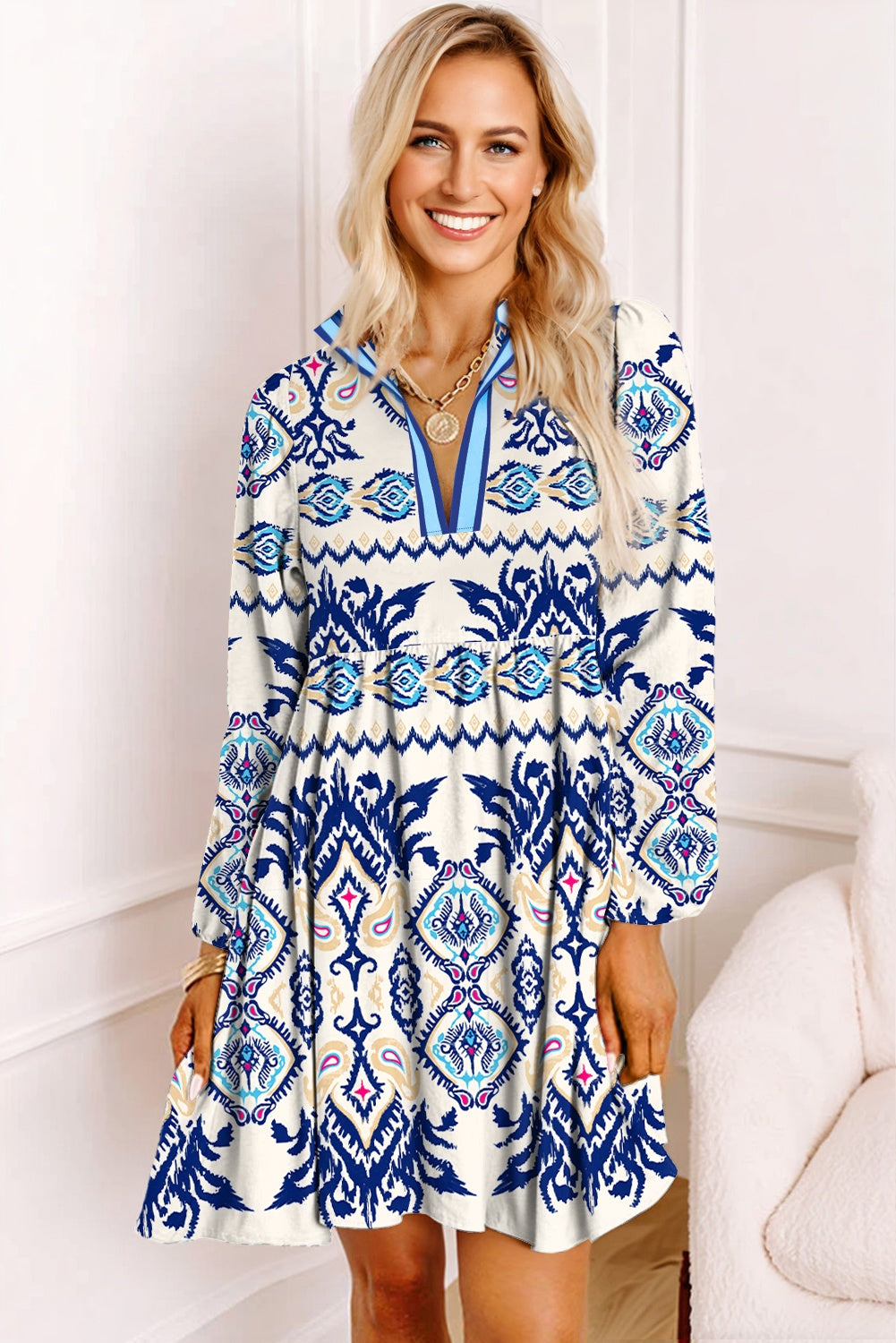 Blue Ethnic Print Striped Split Neck Long Sleeve Flowy Mini Dress-Dresses/Mini Dresses-[Adult]-[Female]-2022 Online Blue Zone Planet
