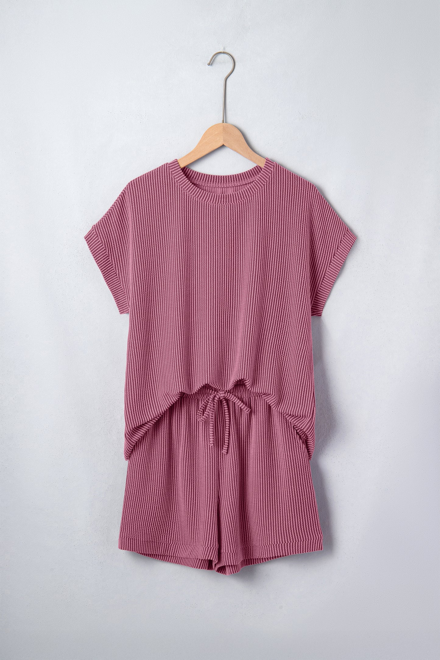 Pitaya Pink Twisted Ribbed Loose Tee Drawstring Elastic Waist 2pcs Short Set-Two Piece Sets/Short Sets-[Adult]-[Female]-2022 Online Blue Zone Planet