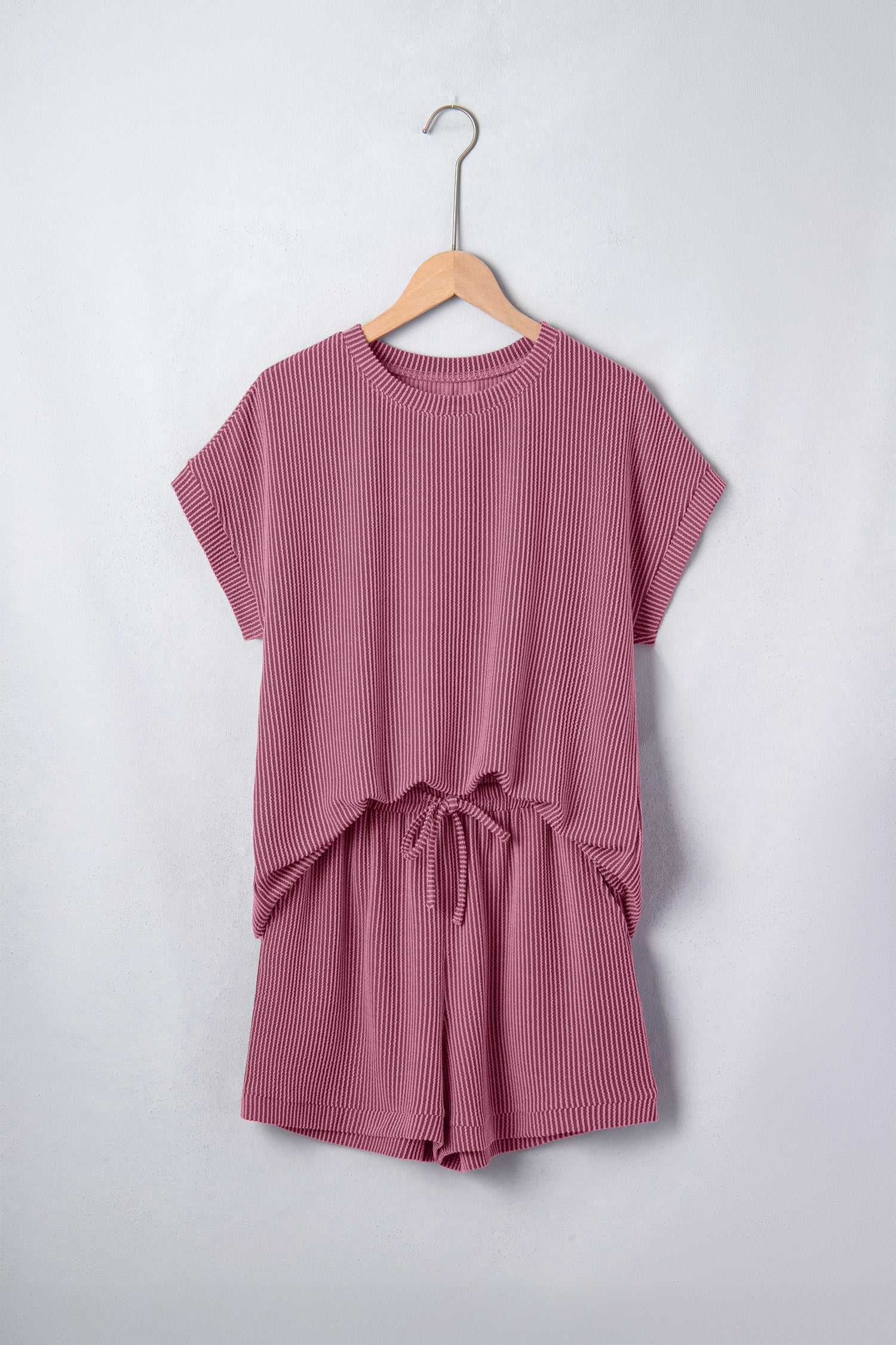 Pitaya Pink Twisted Ribbed Loose Tee Drawstring Elastic Waist 2pcs Short Set-Two Piece Sets/Short Sets-[Adult]-[Female]-2022 Online Blue Zone Planet