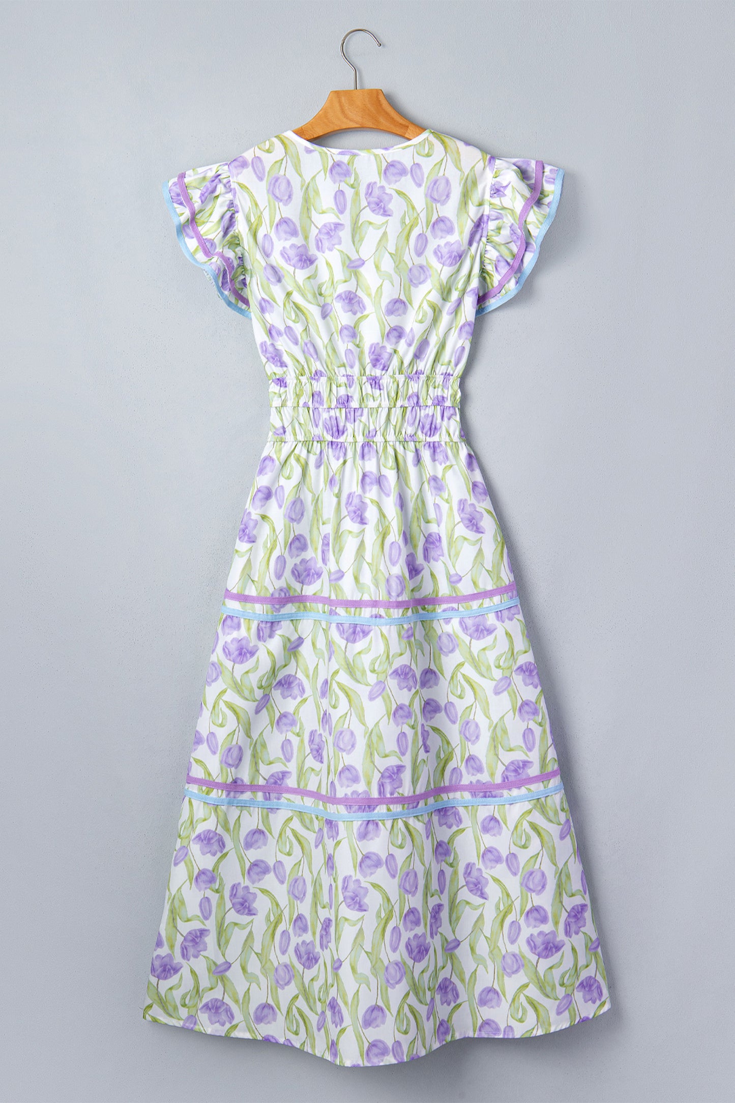 Purple Tulip Floral Print Contrast Trim Midi Dress-TOPS / DRESSES-[Adult]-[Female]-2022 Online Blue Zone Planet
