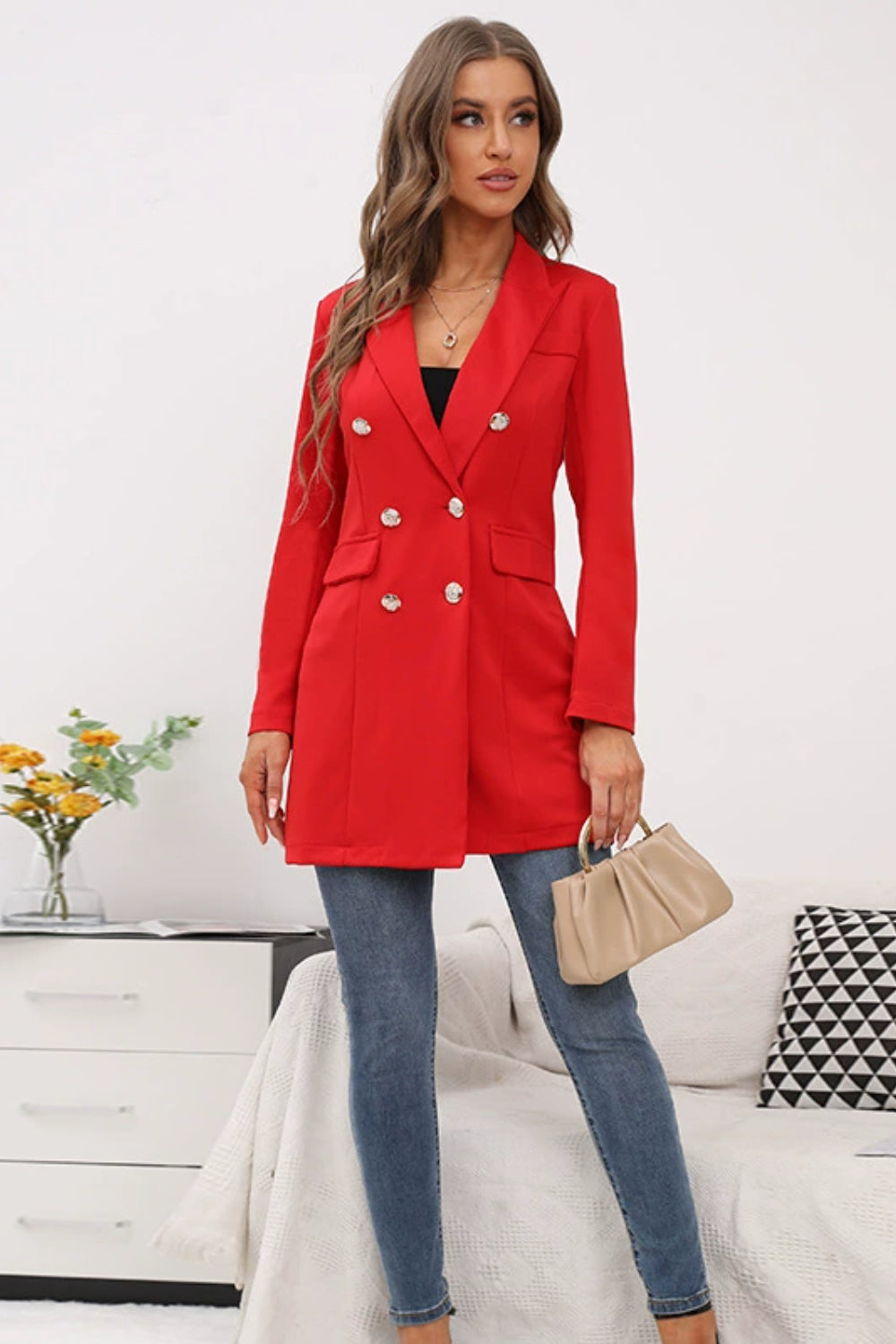 Buttoned Lapel Collar Long Sleeve Blazer-TOPS / DRESSES-[Adult]-[Female]-2022 Online Blue Zone Planet