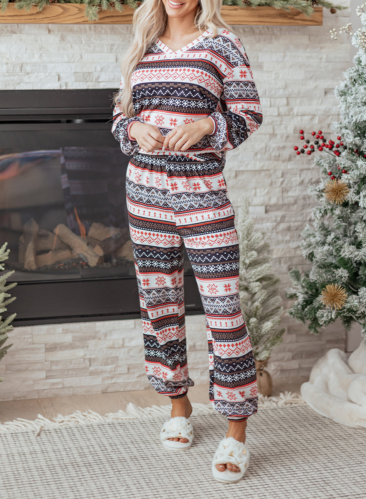Black Retro Christmas Pattern Loose Pullover 2pcs Lounge Pant Set-Loungewear & Sleepwear/Loungewear-[Adult]-[Female]-2022 Online Blue Zone Planet