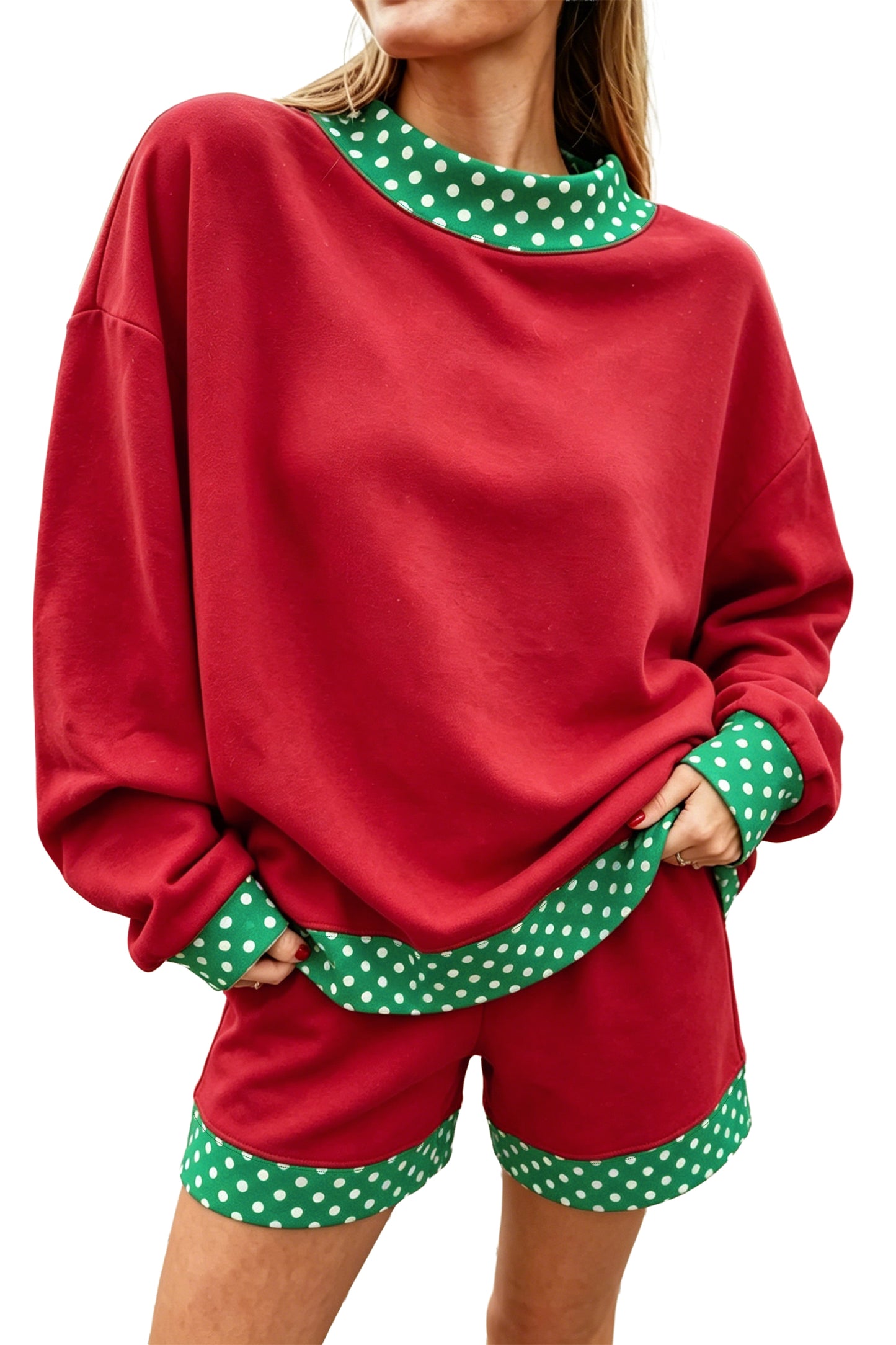 Fiery Red Gingham Trim Baggy Pullover 2pcs Short Set-Two Piece Sets/Short Sets-[Adult]-[Female]-2022 Online Blue Zone Planet