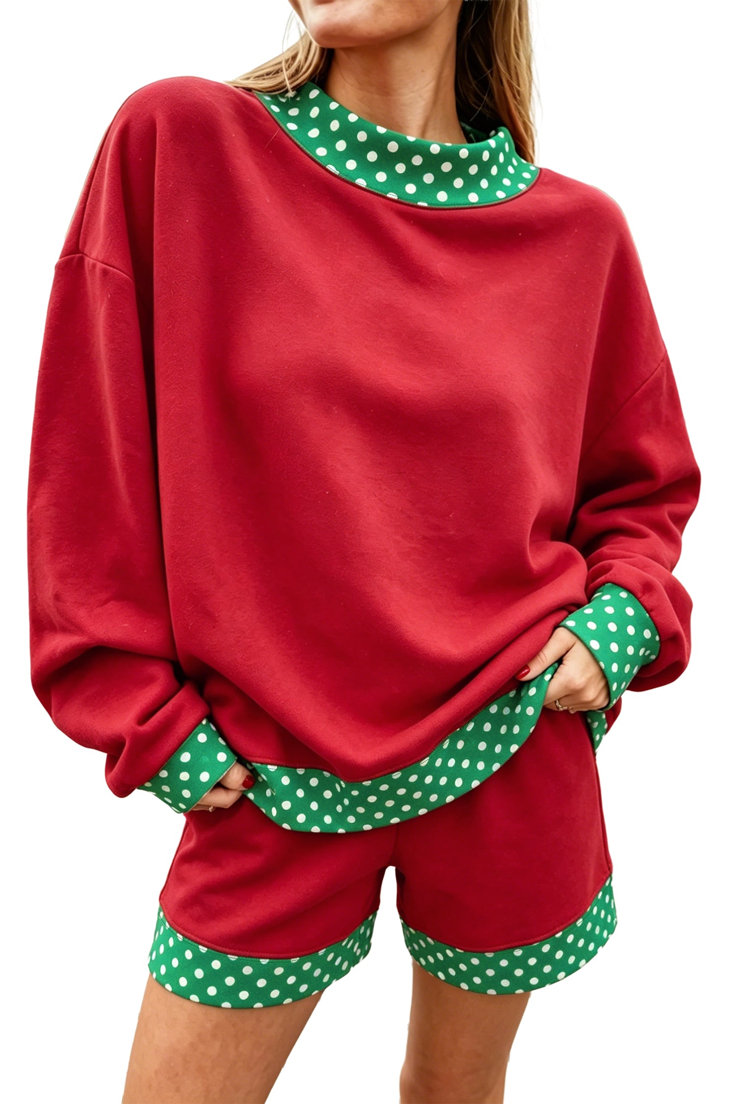 Fiery Red Gingham Trim Baggy Pullover 2pcs Short Set-Two Piece Sets/Short Sets-[Adult]-[Female]-2022 Online Blue Zone Planet