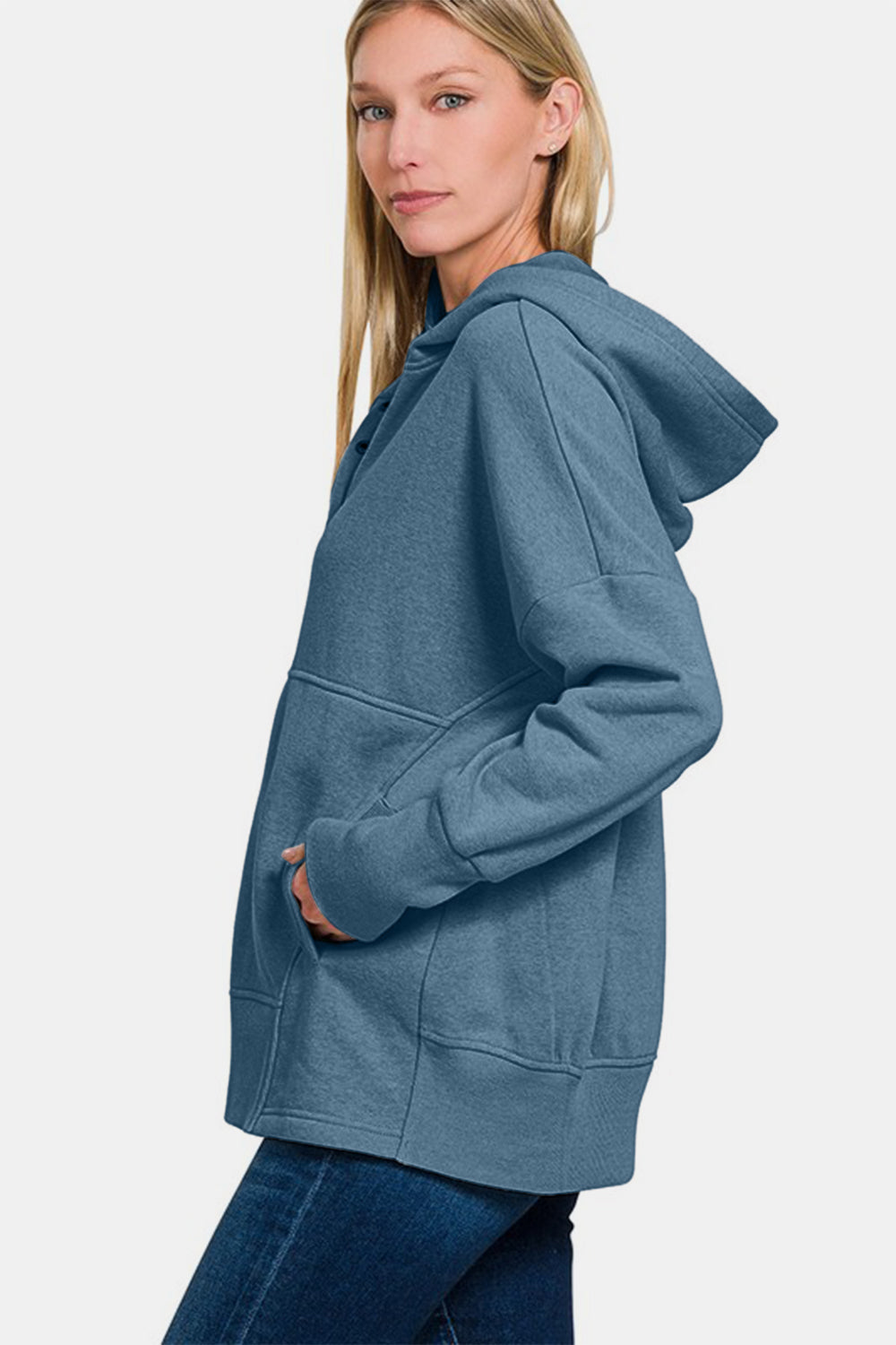 Blue Zone Planet | Zenana Half Snap Long Sleeve Hoodie with Kangaroo Pocket-Tops / Dresses-[Adult]-[Female]-2022 Online Blue Zone Planet