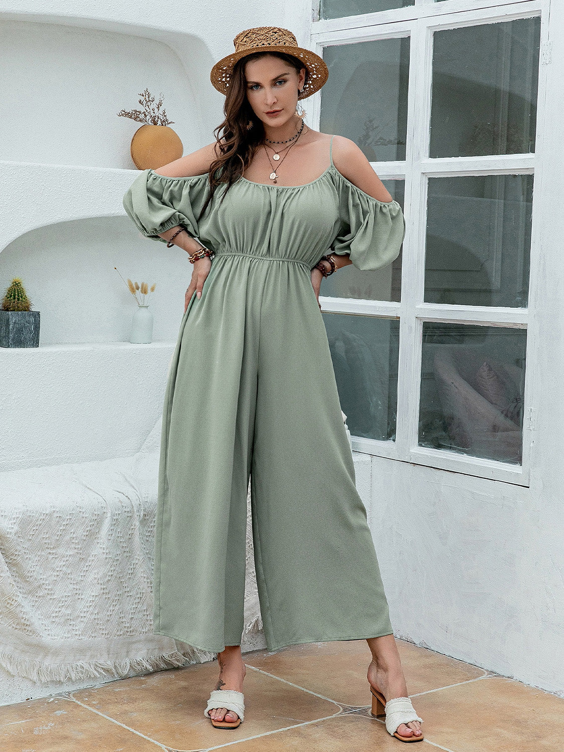 Spaghetti Strap Wide Leg Jumpsuit-TOPS / DRESSES-[Adult]-[Female]-Sage-0XL-2022 Online Blue Zone Planet