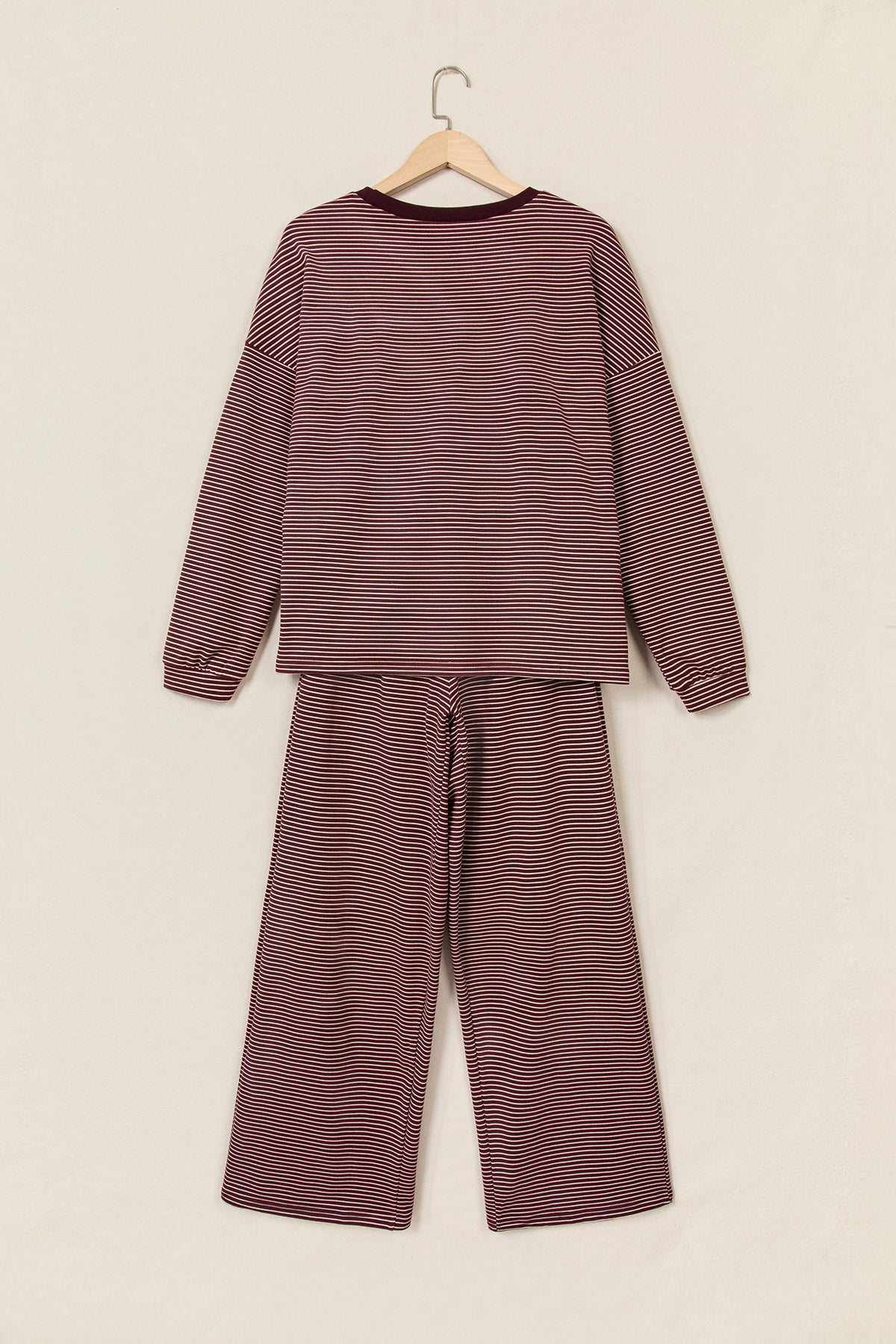 Brown Stripe Contrast Trim Round Neck Oversize Long Sleeve Top 2pcs Pant Set-Two Piece Sets/Pant Sets-[Adult]-[Female]-2022 Online Blue Zone Planet