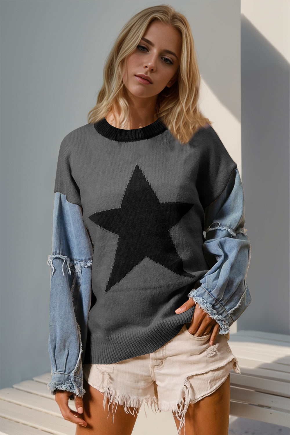 Blue Zone Planet | Double Take Full Size Star Pattern Raw Edge Long Sleeve Sweater-TOPS / DRESSES-[Adult]-[Female]-Dark Gray-S/M-2022 Online Blue Zone Planet