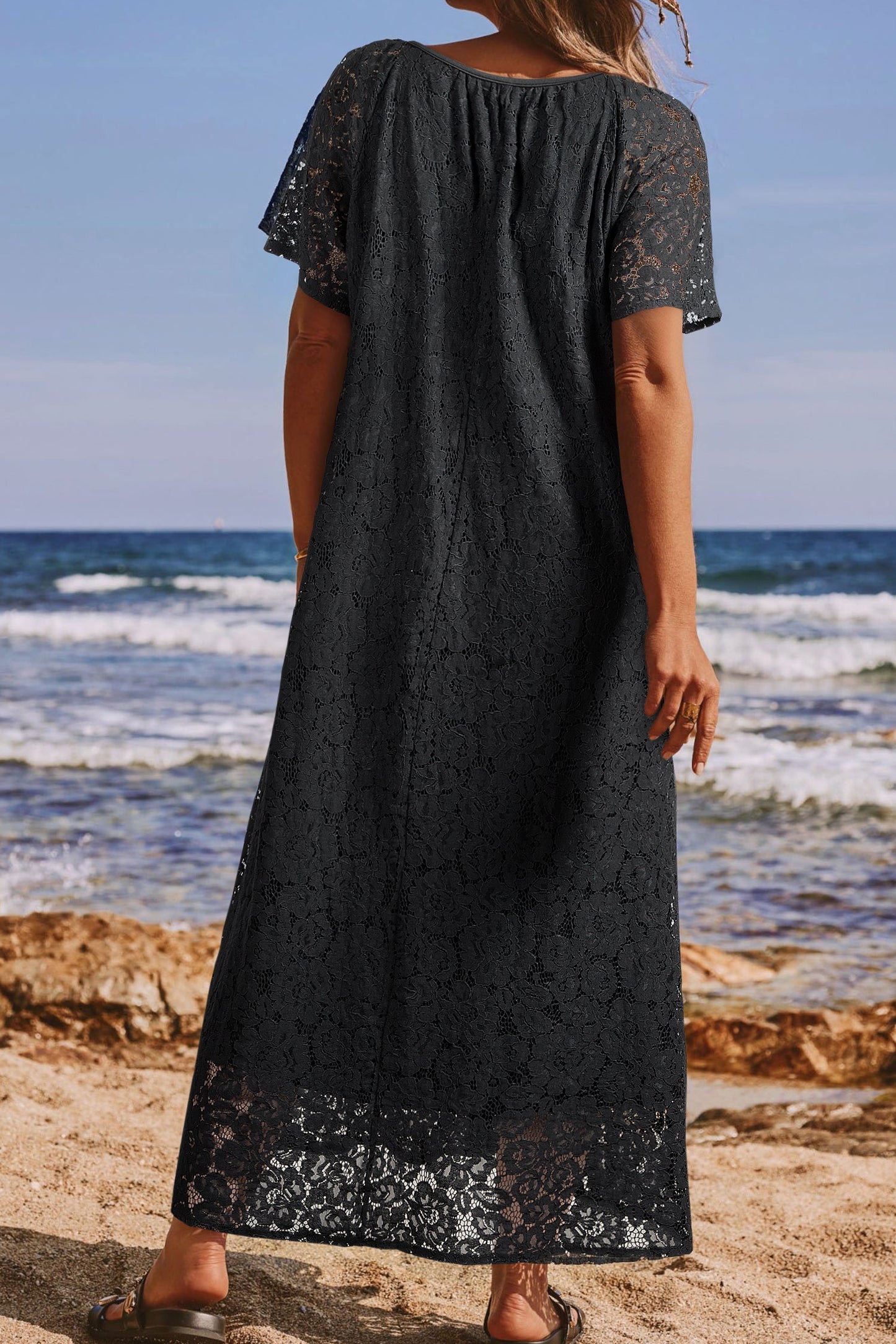 Black Floral Lace Overlay Tassel Tie Short Sleeve Beach Vacation Loose Maxi Dress-Dresses/Maxi Dresses-[Adult]-[Female]-2022 Online Blue Zone Planet