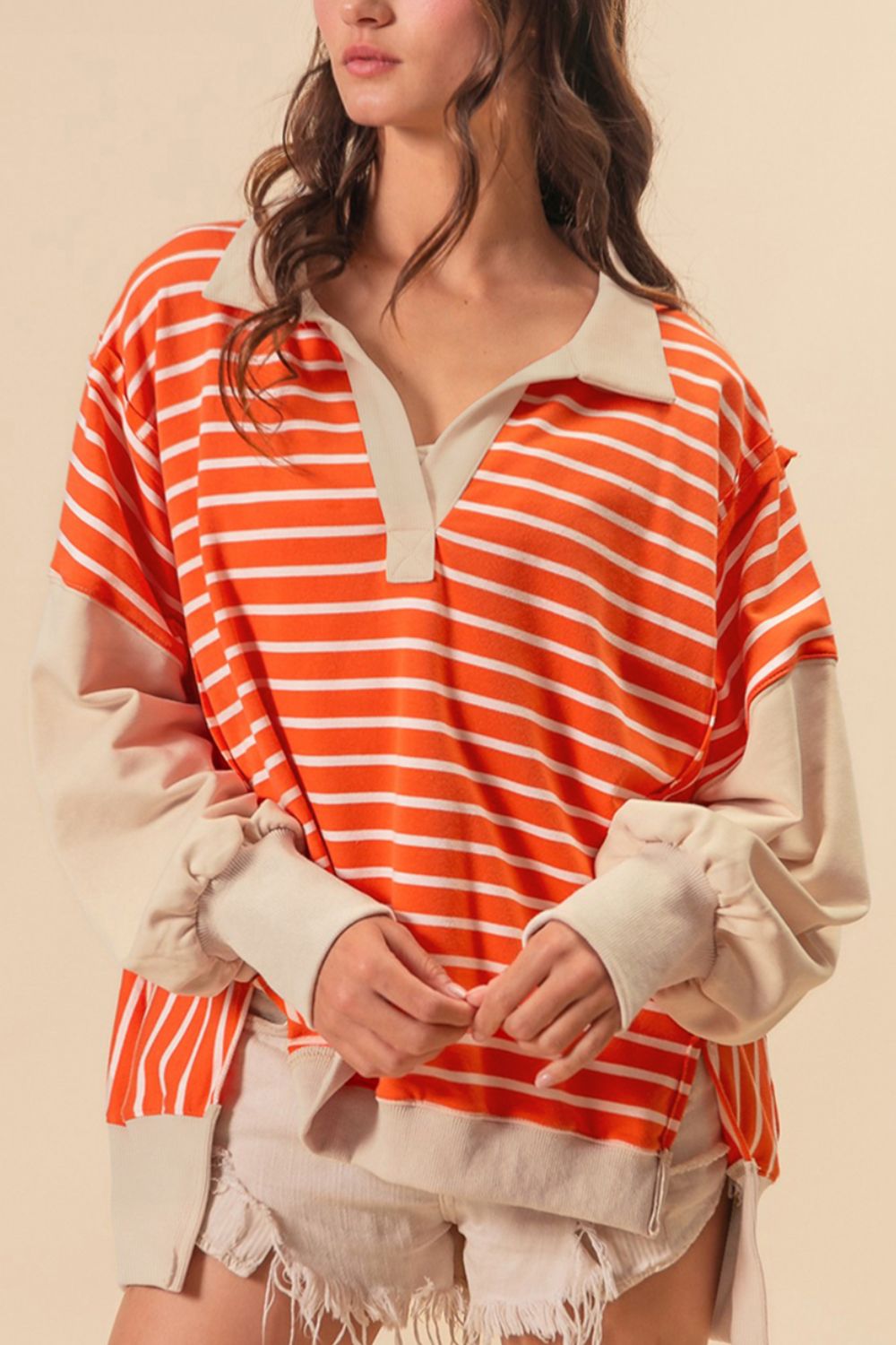 Striped Johnny Collar Long Sleeve Sweatshirt-TOPS / DRESSES-[Adult]-[Female]-2022 Online Blue Zone Planet