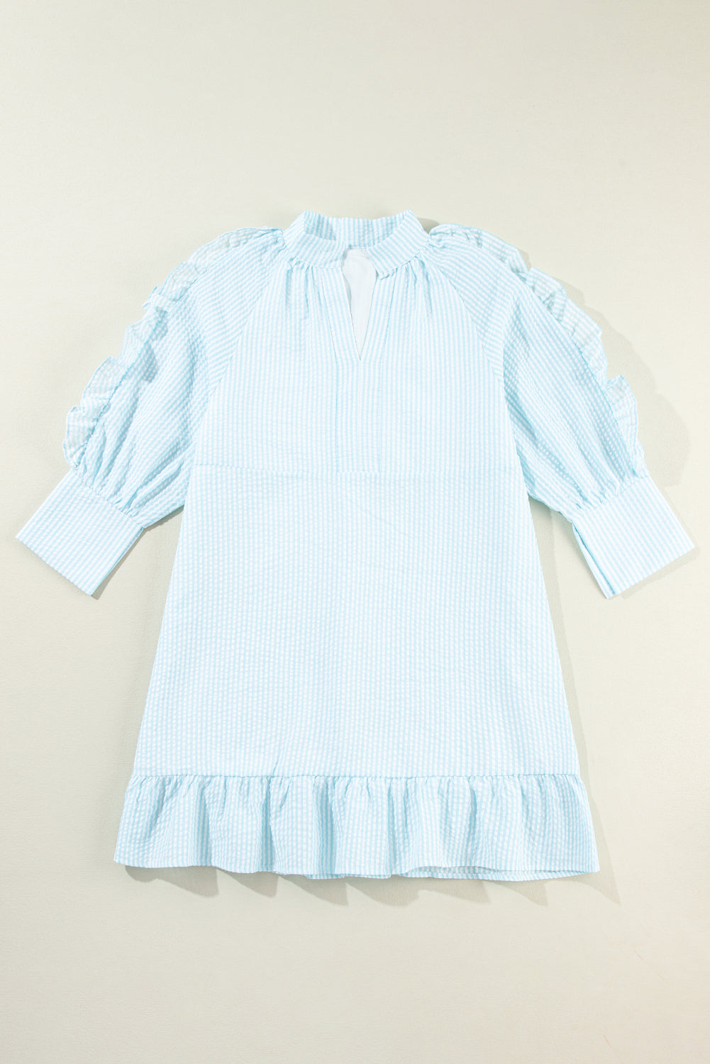 Blue Zone Planet | Myosotis Seersucker Ruffled Puff Sleeve Stand Neck Mini Dress-TOPS / DRESSES-[Adult]-[Female]-2022 Online Blue Zone Planet