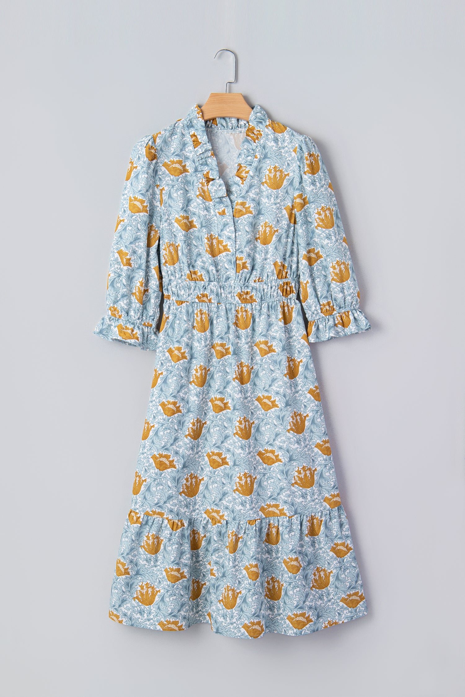 Brown Floral Printed Frilled V Neck Bracelet Sleeve Long Dress-Bracelet-[Adult]-[Female]-2022 Online Blue Zone Planet