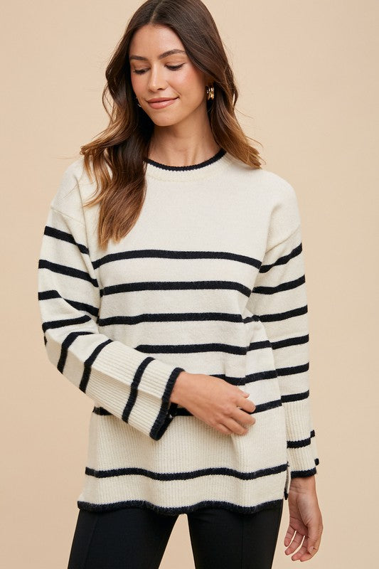 Blue Zone Planet | Annie Wear Side Slit Striped Round Neck Sweater-TOPS / DRESSES-[Adult]-[Female]-Ivory-S-2022 Online Blue Zone Planet