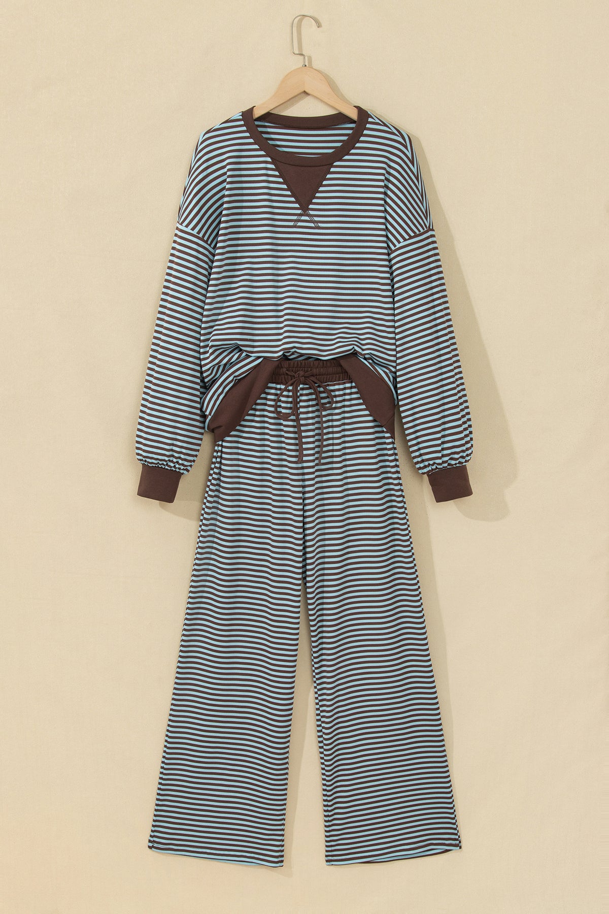Brown Stripe Drop Shoulder Loose Top and Pants Two Piece Set-Two Piece Sets/Pant Sets-[Adult]-[Female]-2022 Online Blue Zone Planet