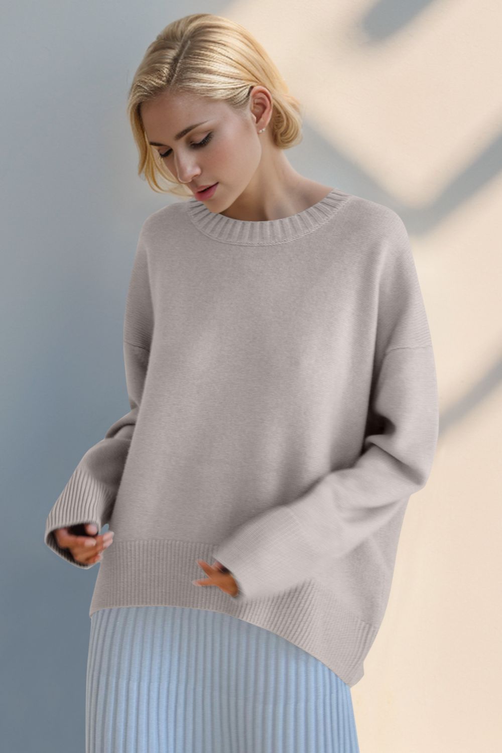 Basic Bae Round Neck Dropped Shoulder Sweater-TOPS / DRESSES-[Adult]-[Female]-Eggshell-One Size-2022 Online Blue Zone Planet