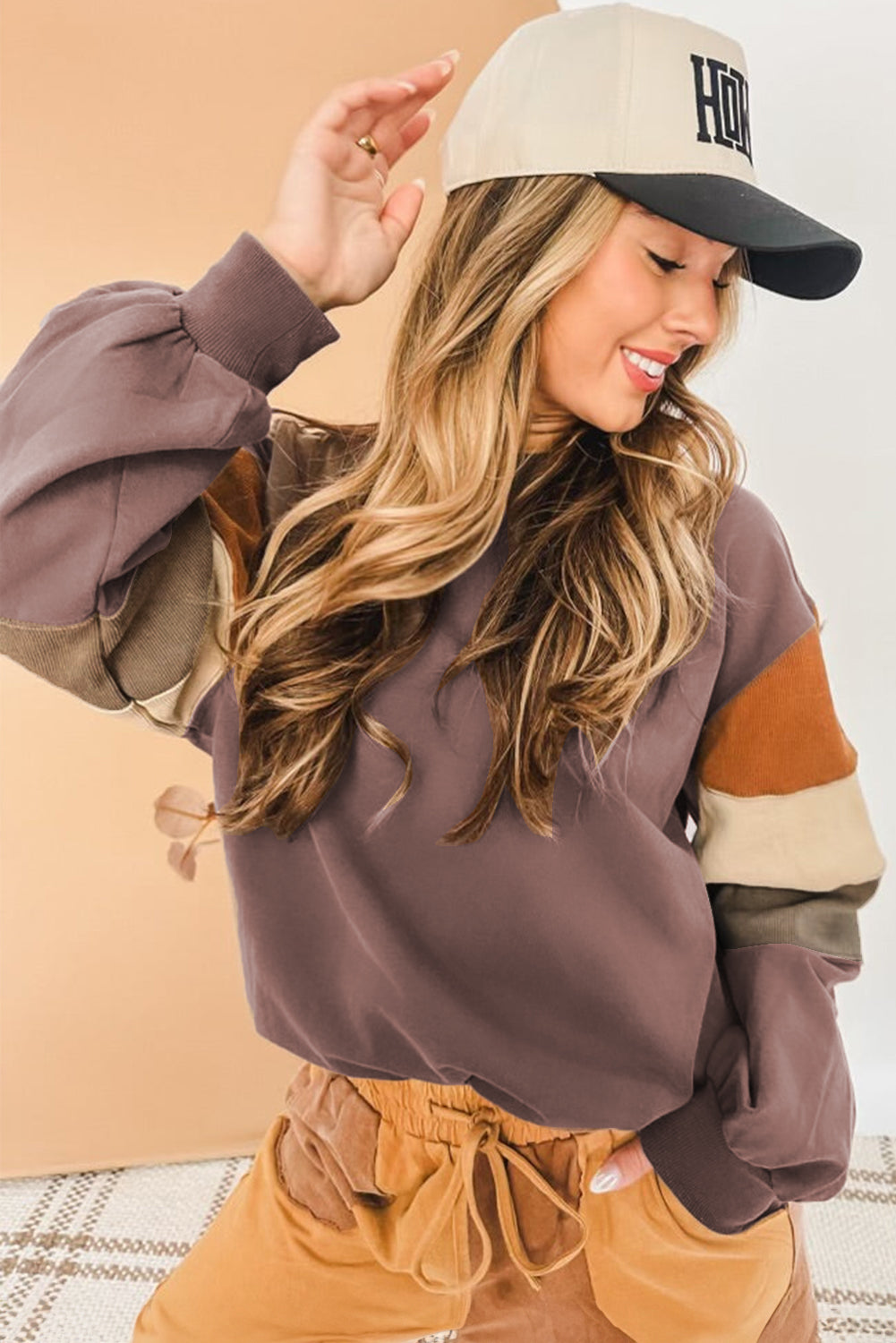 Dark Khaki Color Block Drop Shoulder Pullover Casual Sweatshirt-Tops/Sweatshirts & Hoodies-[Adult]-[Female]-2022 Online Blue Zone Planet