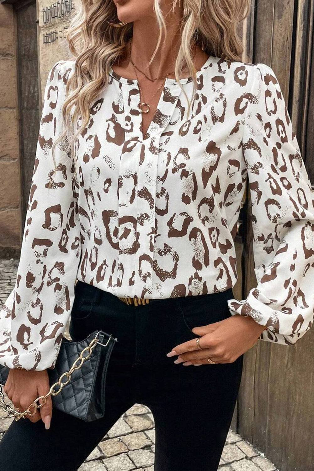 Khaki Leopard Print Split Neck Balloon Sleeve Blouse-Tops/Blouses & Shirts-[Adult]-[Female]-Khaki-S-2022 Online Blue Zone Planet