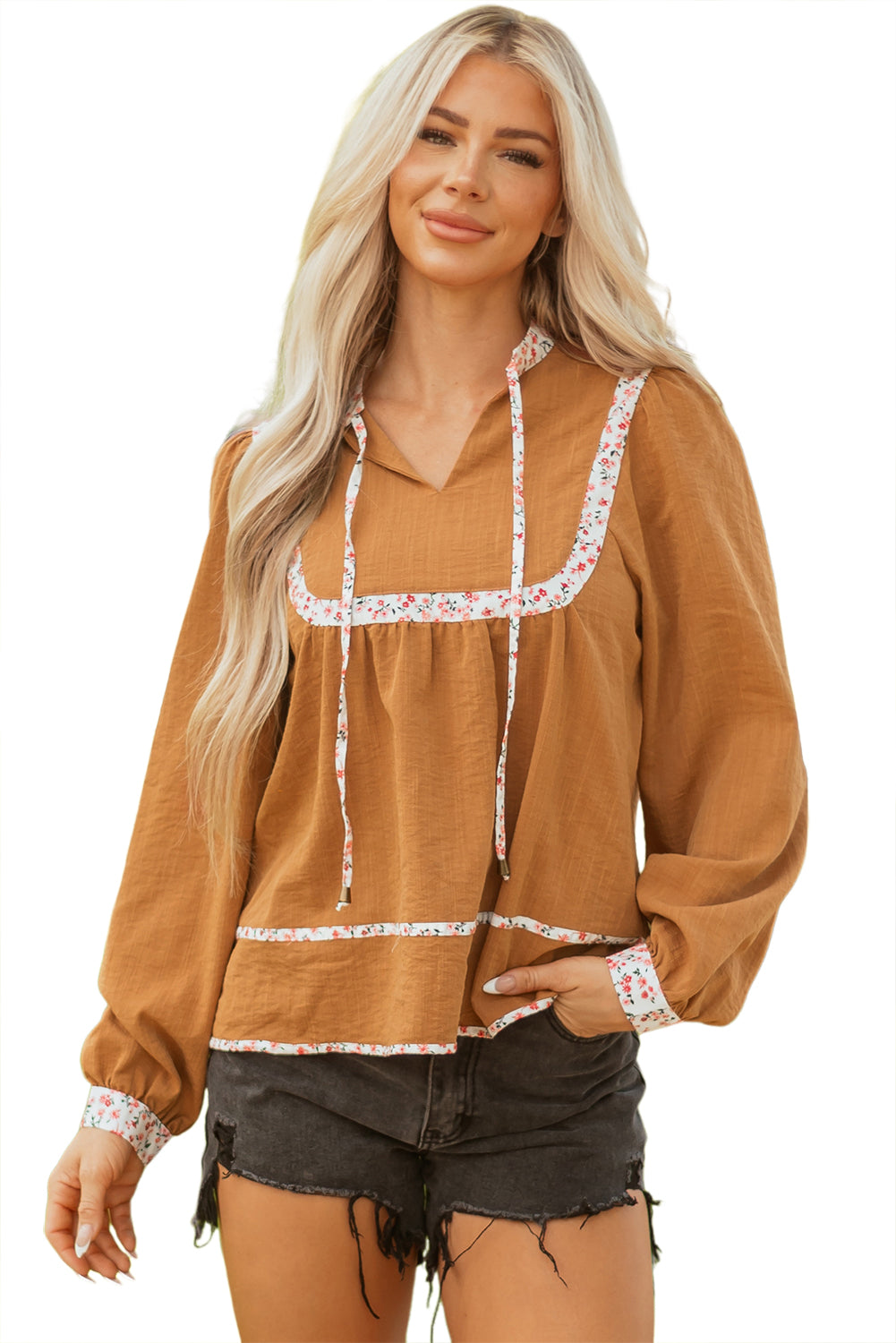 Straw Yellow Split Neck Pleated Floral Trim Long Puff Sleeve Blouse-Tops/Blouses & Shirts-[Adult]-[Female]-2022 Online Blue Zone Planet