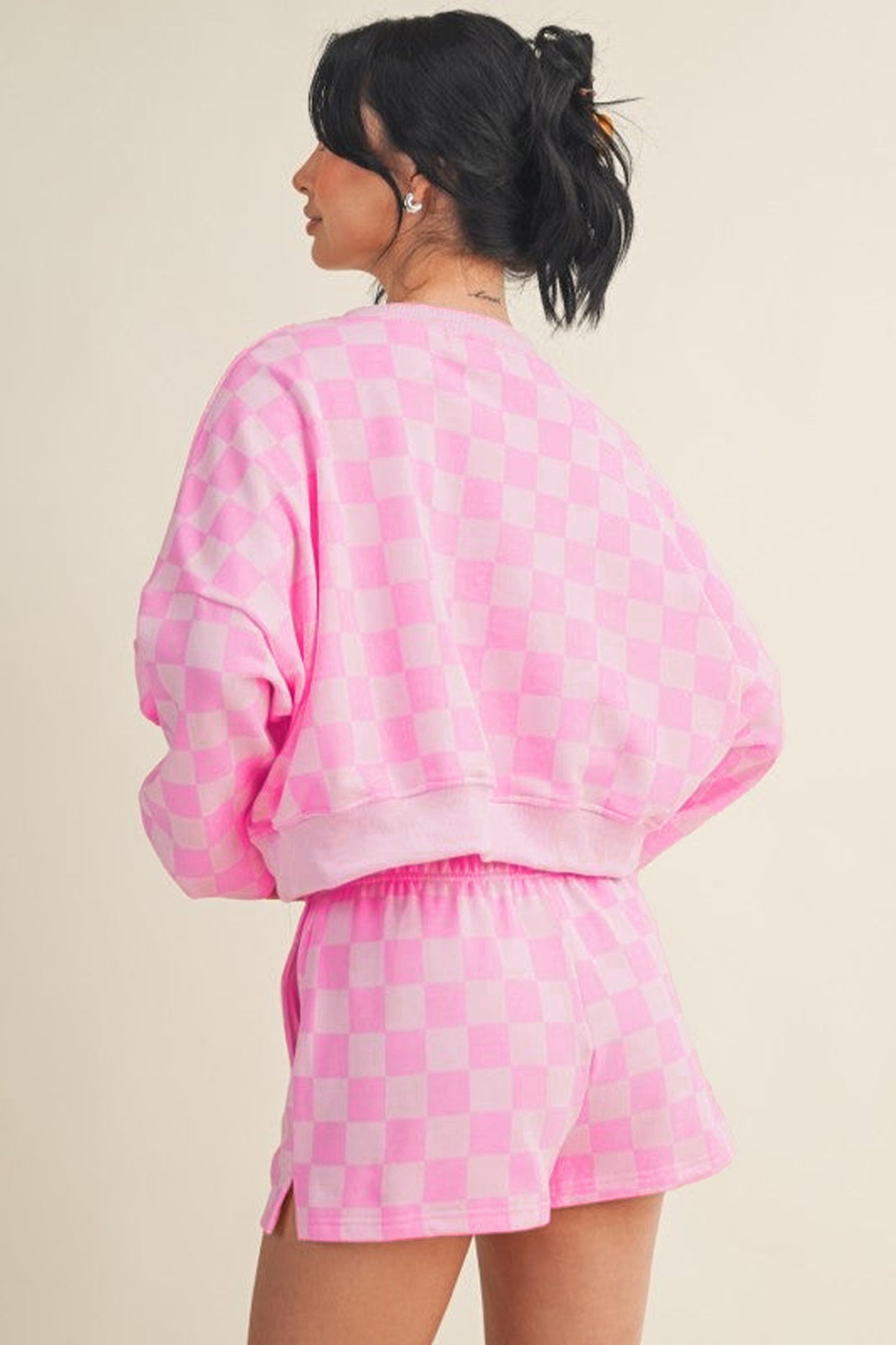 Pink Plaid Checkered Long Sleeve Crop Top Elastic Waist Shorts Two Piece Set-Two Piece Sets/Short Sets-[Adult]-[Female]-2022 Online Blue Zone Planet