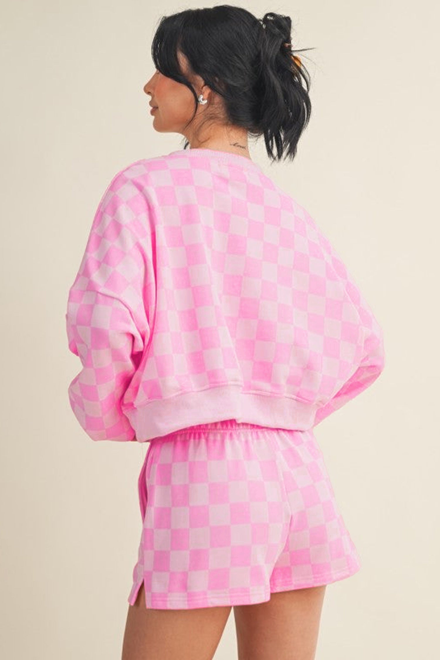 Pink Plaid Checkered Long Sleeve Crop Top Elastic Waist Shorts Two Piece Set-Two Piece Sets/Short Sets-[Adult]-[Female]-2022 Online Blue Zone Planet