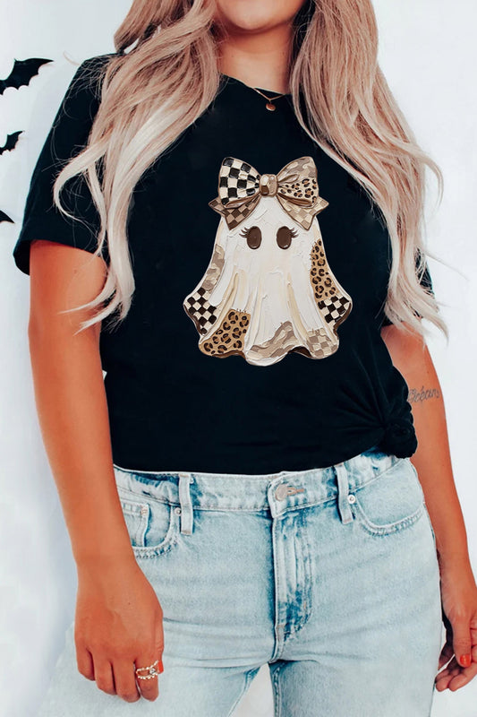 Black Checkered Leopard Ghost Print Round Neck Halloween T Shirt-Graphic/Graphic Tees-[Adult]-[Female]-Black-S-2022 Online Blue Zone Planet