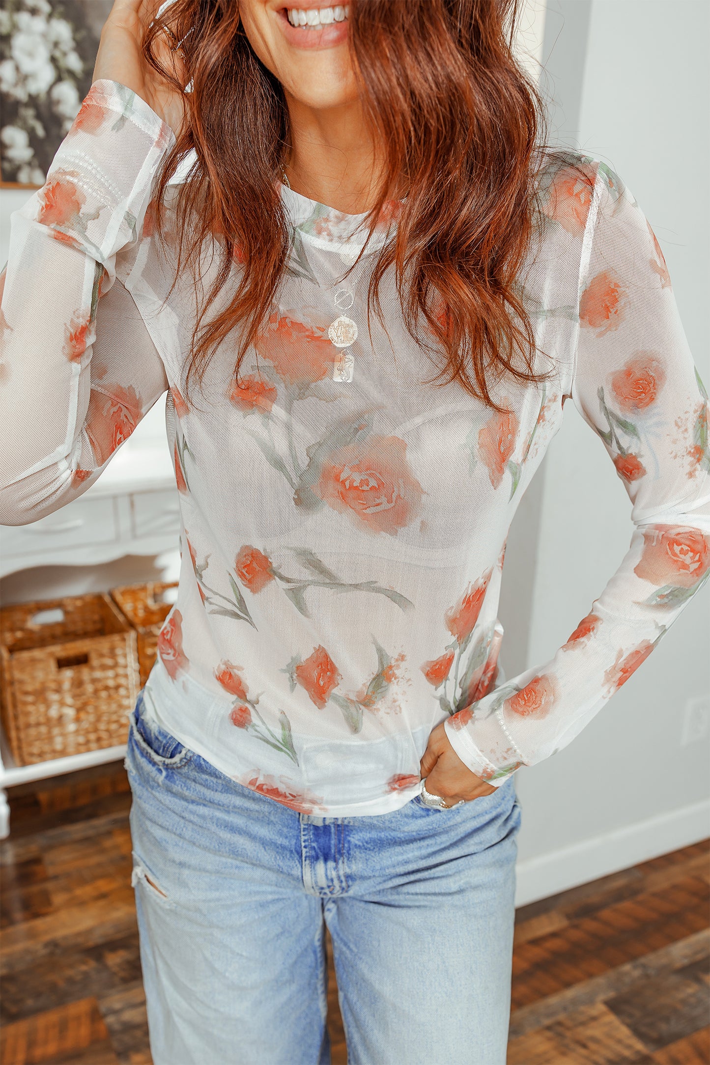 Casual Round Neck Floral Print Mesh Long Sleeve Top-Tops/Long Sleeve Tops-[Adult]-[Female]-Red-S-2022 Online Blue Zone Planet