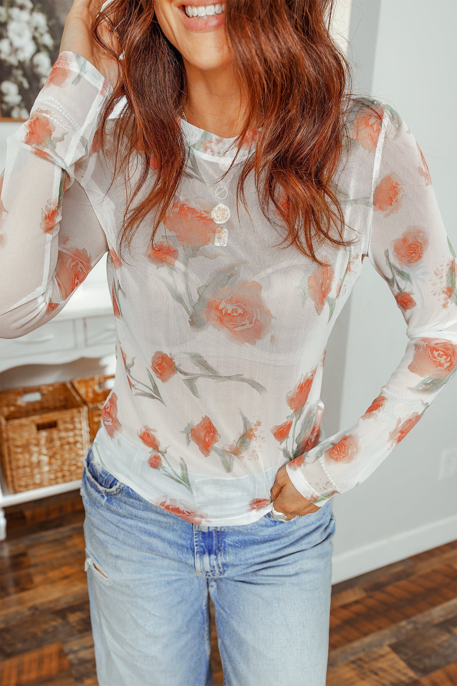 Casual Round Neck Floral Print Mesh Long Sleeve Top-Tops/Long Sleeve Tops-[Adult]-[Female]-Red-S-2022 Online Blue Zone Planet