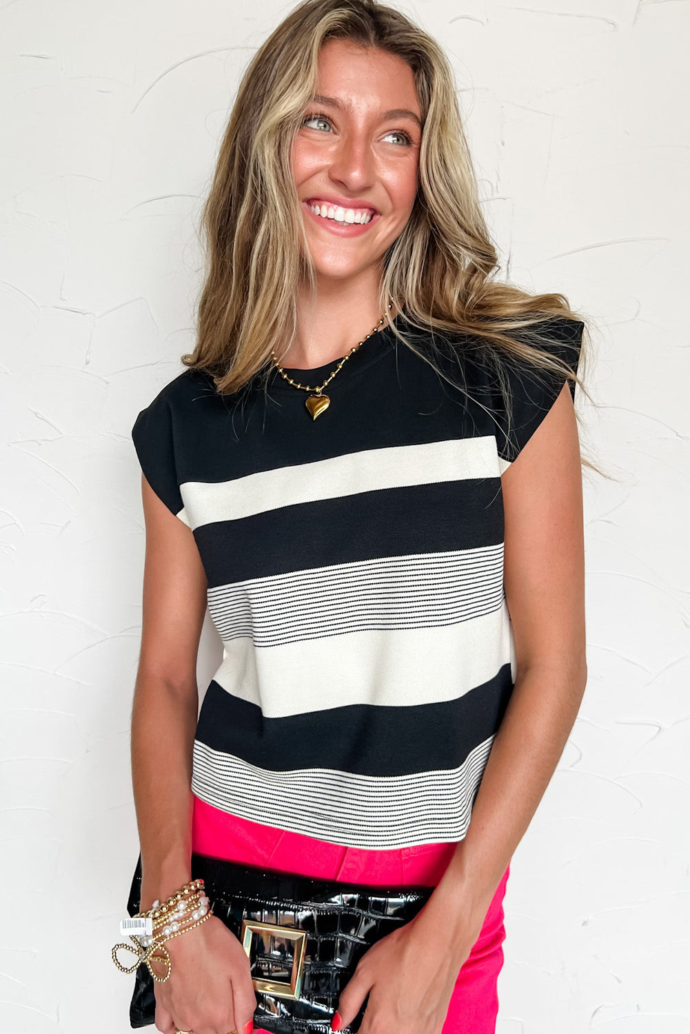 Black Stripe Mixed Print Crew Neck Cap Sleeve T Shirt-Tops/Tops & Tees-[Adult]-[Female]-2022 Online Blue Zone Planet